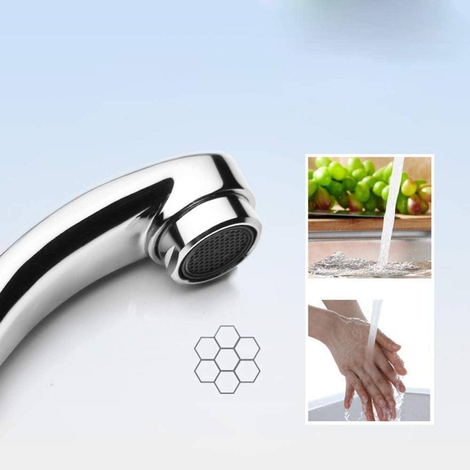 Chromearmaturen-Strahlregler mit Wassersparfunktion und Bildern zum Handwaschen-Einsatz, die einen effizienten Wasserdurchfluss und Hygiene suggerieren.