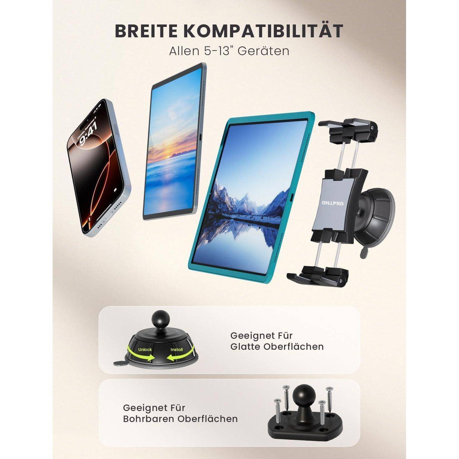Deutsches Produktgrafik für eine Auto-Telefonhalterung, kompatibel mit 5-13 Zoll-Geräten, plus Saug- und Schraubmontagestionen für glatte oder bohrbare Oberflächen.