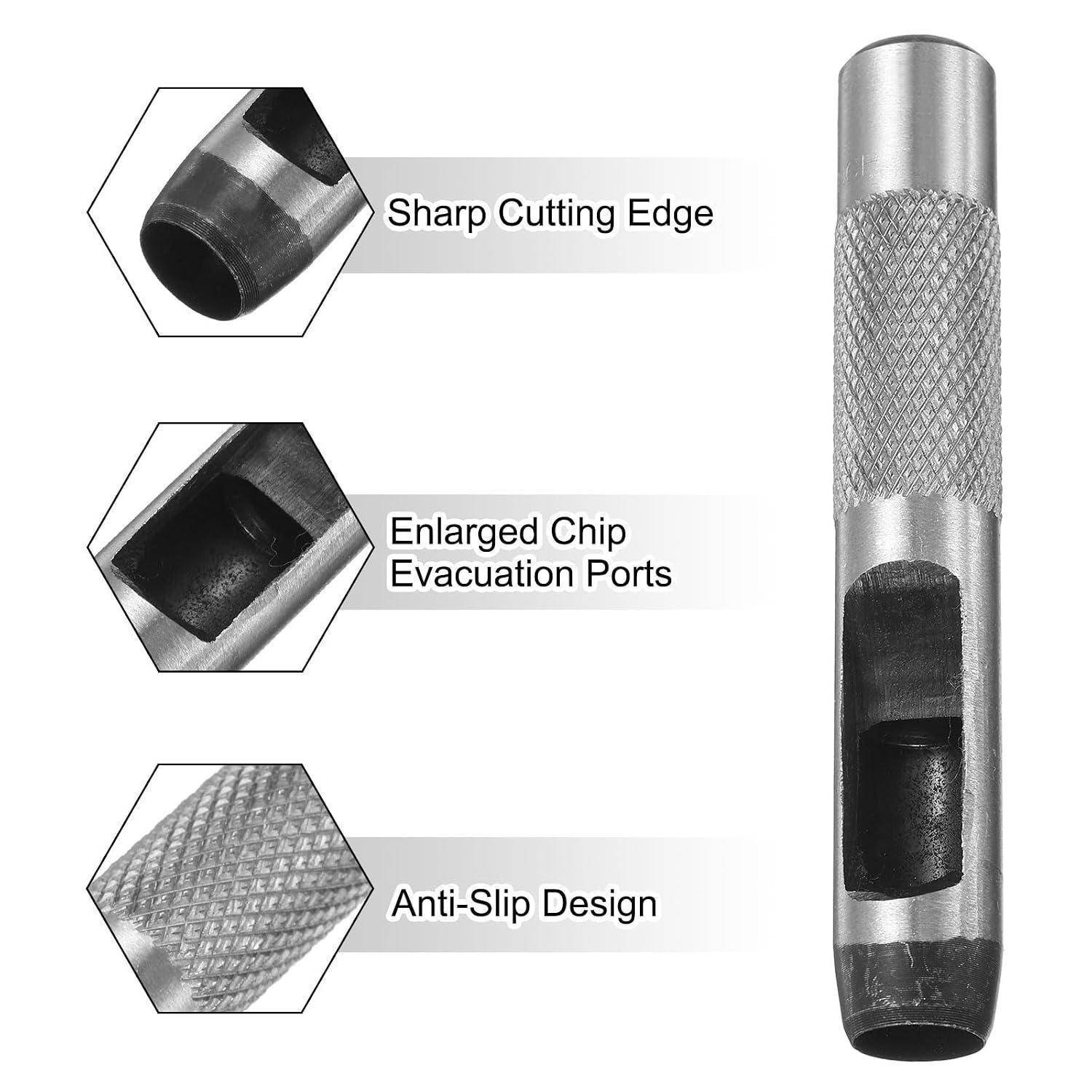 Diagramm eines Metallwerkzeugs mit einer scharfen Schneide, vergrößerten Spanabfuhröffnungen und rutschfestem strukturiertem Griff.