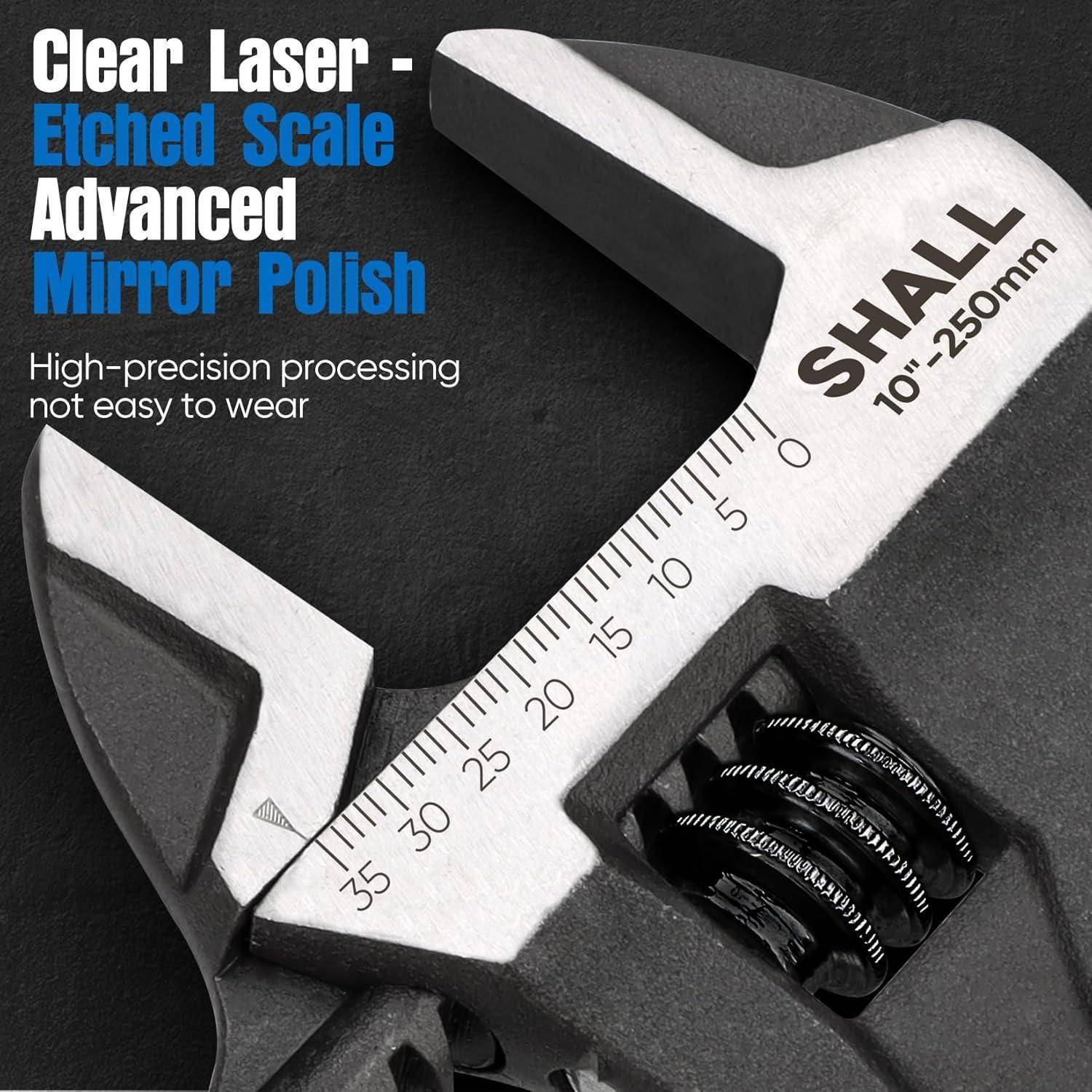 Nahaufnahme eines SHALL verstellbaren Schraubenschlüssels mit gravierter Skala von 0 bis 35 und dem Text „Clear Laser-Etched Scale