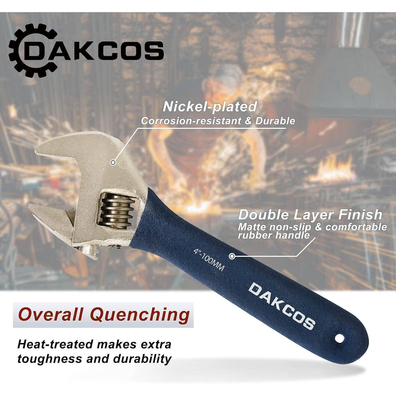 DAKCOS Rollgabelschlüssel verstellbarer Schraubenschlüssel Adjustable Wrench Einmaulschlüssel mit Gummigriff – Länge: 4"/100 mm (max. 15mm Maulw