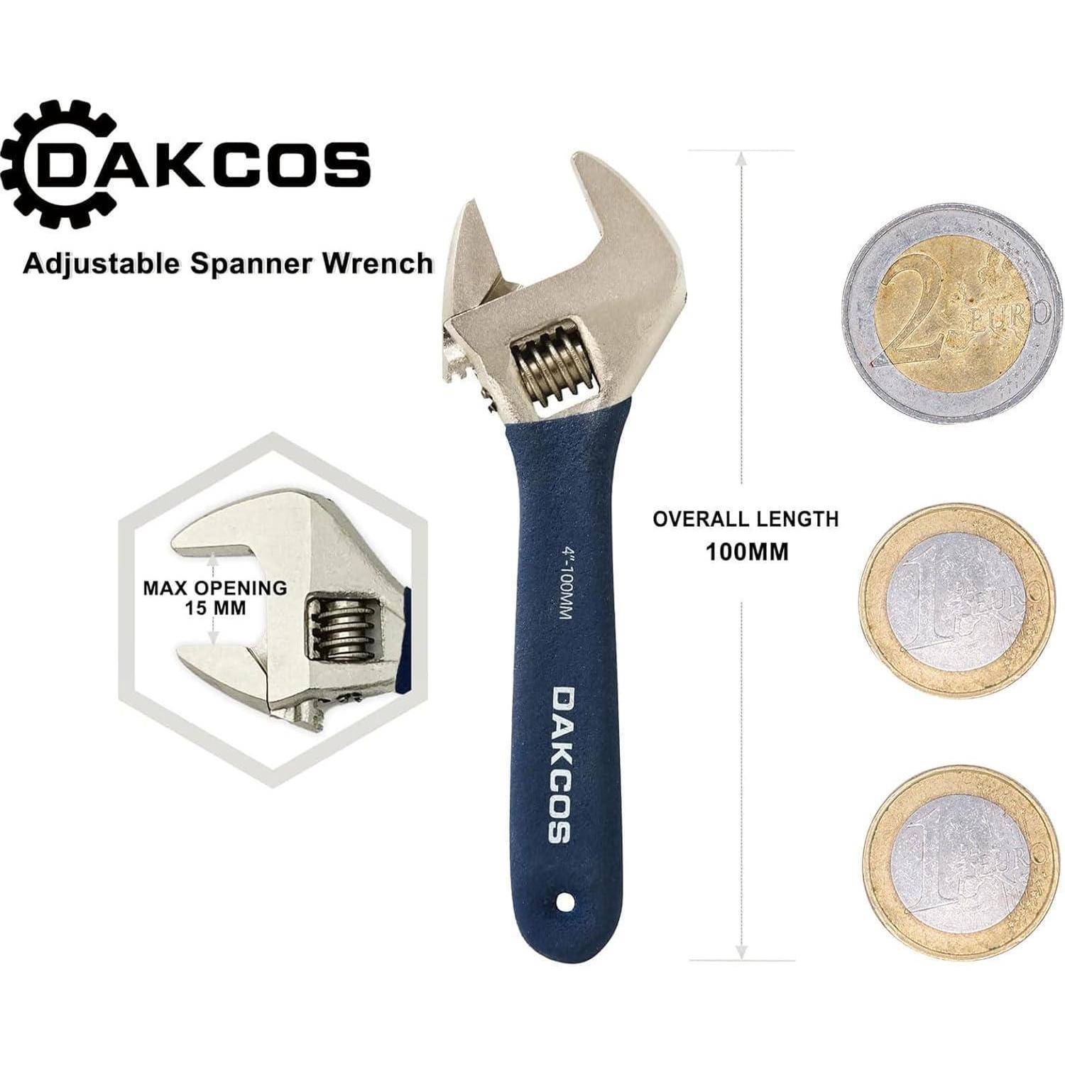 DAKCOS Rollgabelschlüssel verstellbarer Schraubenschlüssel Adjustable Wrench Einmaulschlüssel mit Gummigriff – Länge: 4"/100 mm (max. 15mm Maulw