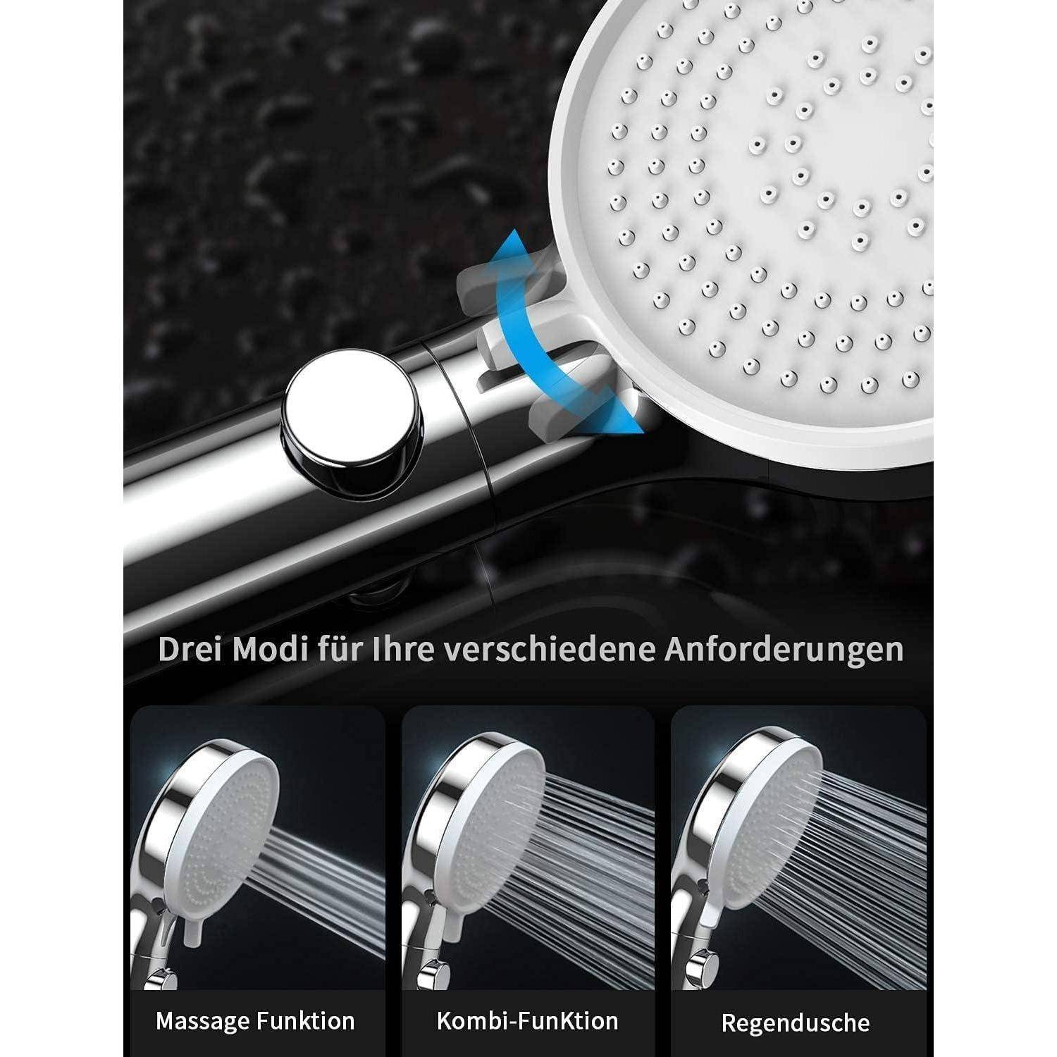 Produktbild eines Duschkopfs mit einer blauen Drehregelung, die drei Sprühmodi zeigt, die mit 