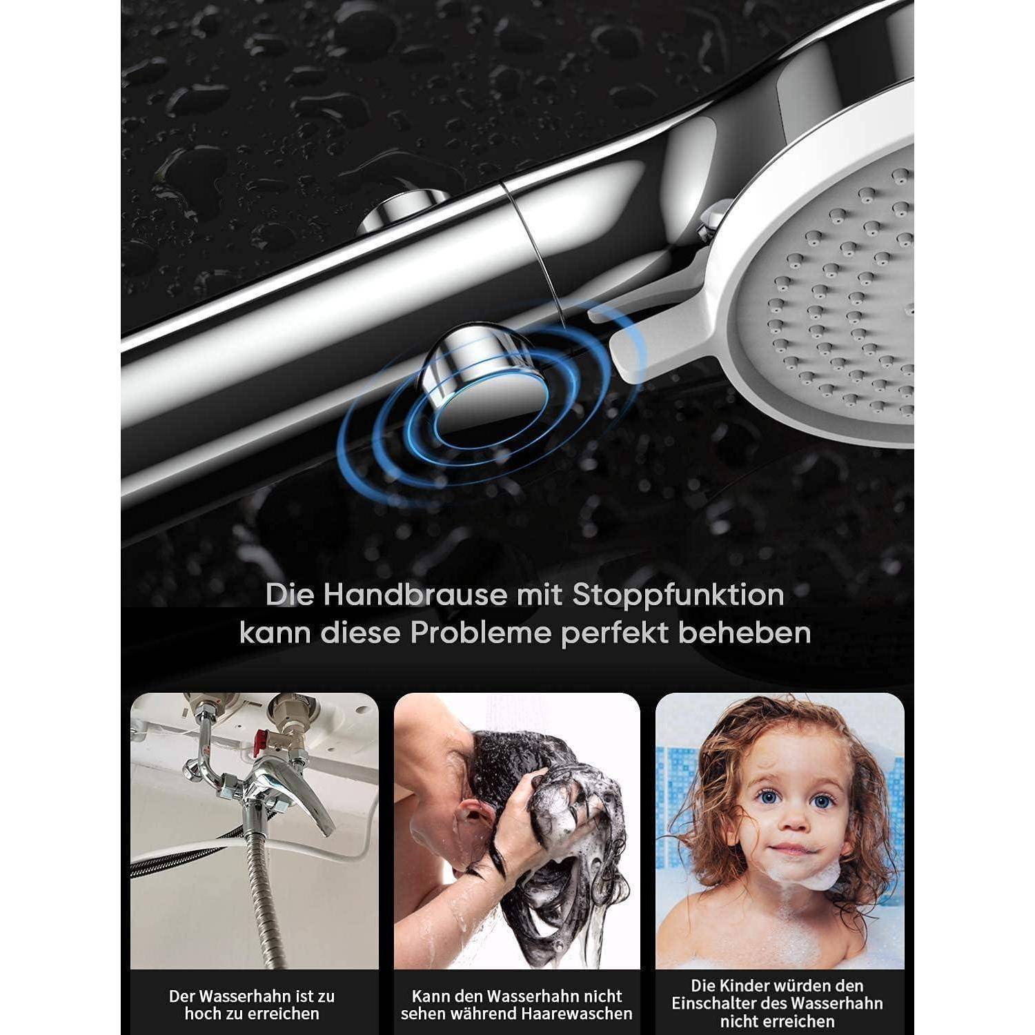 Handbrause-Stoppknopf löst Wassersparprobleme; untere Panels zeigen einen laufenden Wasserhahn, Haarewaschen und ein Kind beim Baden.