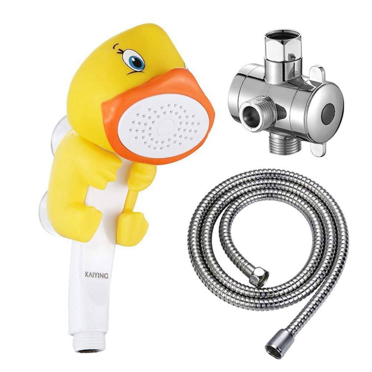 Gelbe entenförmige tragbare Brauseköpfe mit integriertem Umlenker und flexiblem Schlauch, dargestellt als Badarmatur-Zubehörset.