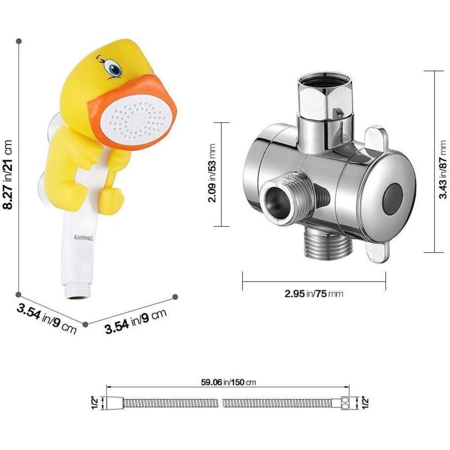 Produktgrößendiagramm mit einem gelben entenförmigen Duschkopf mit Schlauch und einem Chromumleitungsventil, mit Abmessungen in Zoll und Zentimetern gekennzeichnet.