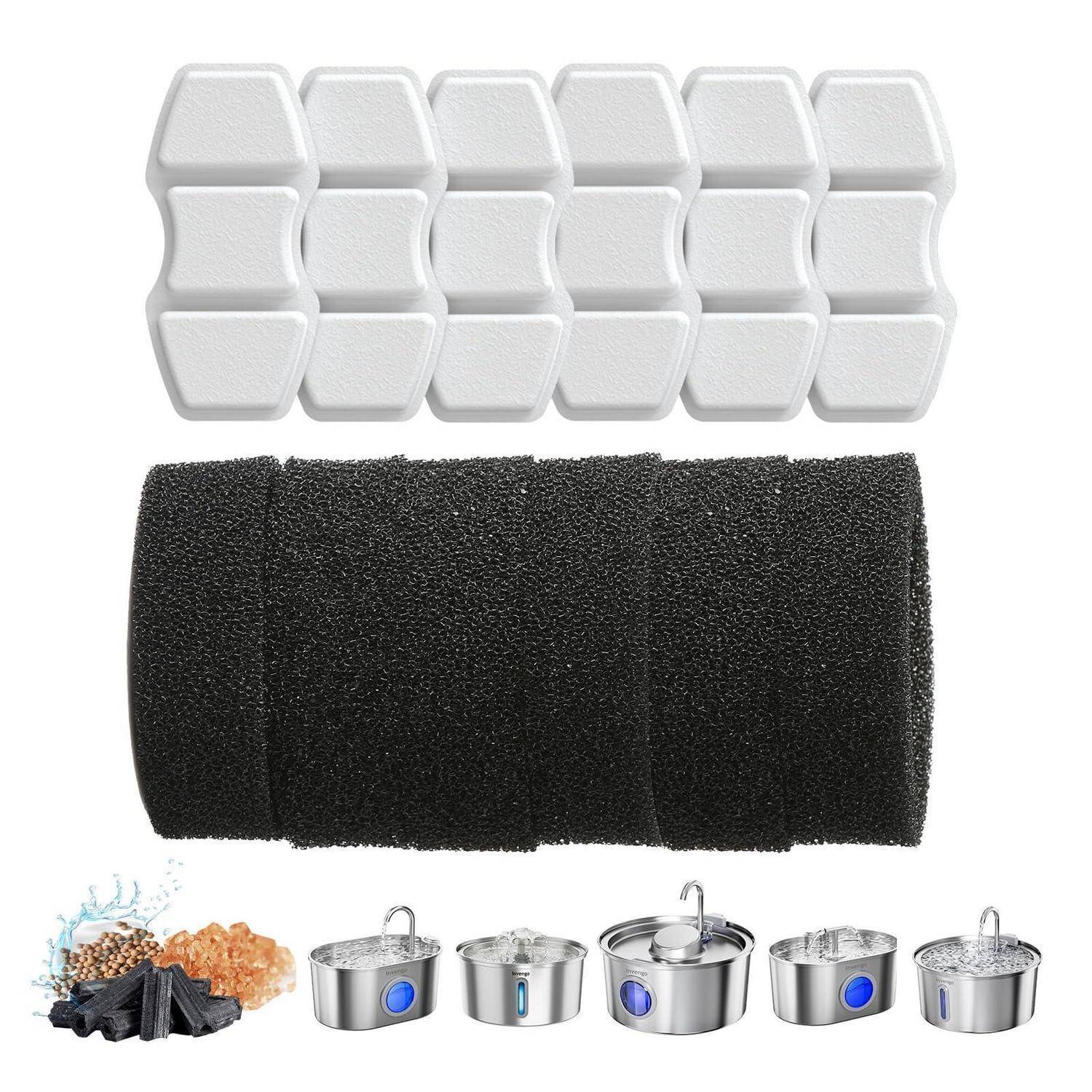 Produktbild mit weißen modularen Schaumstoffplatten, einem schwarzen Schwammfilterzylinder, Aktivkohle und mehreren Filterkörben aus Edelstahl für Heißluftfritteusen/Schnellkochtöpfe.