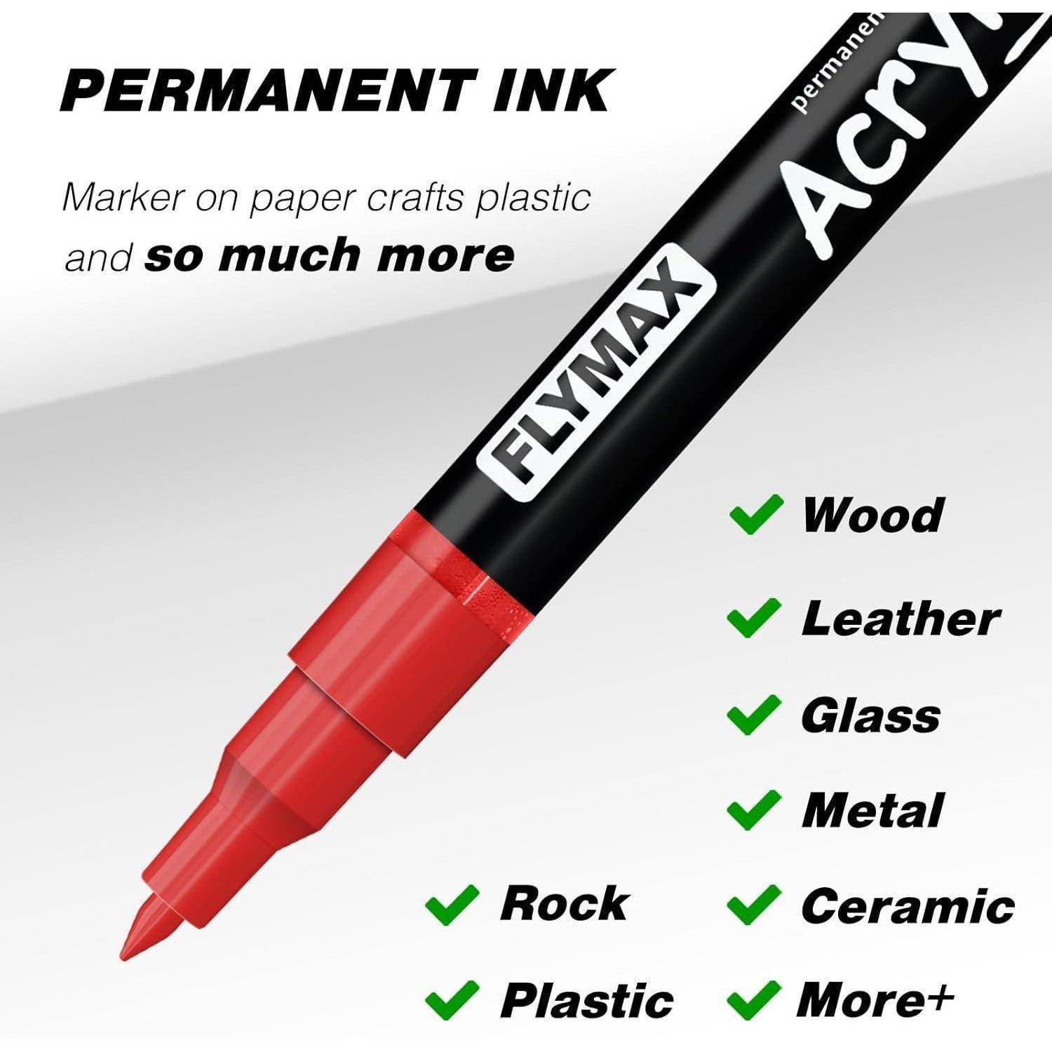 Werbeanzeige für einen permanenten Marker mit roter Spitze und schwarzem Schaft „FLYMAX Acry