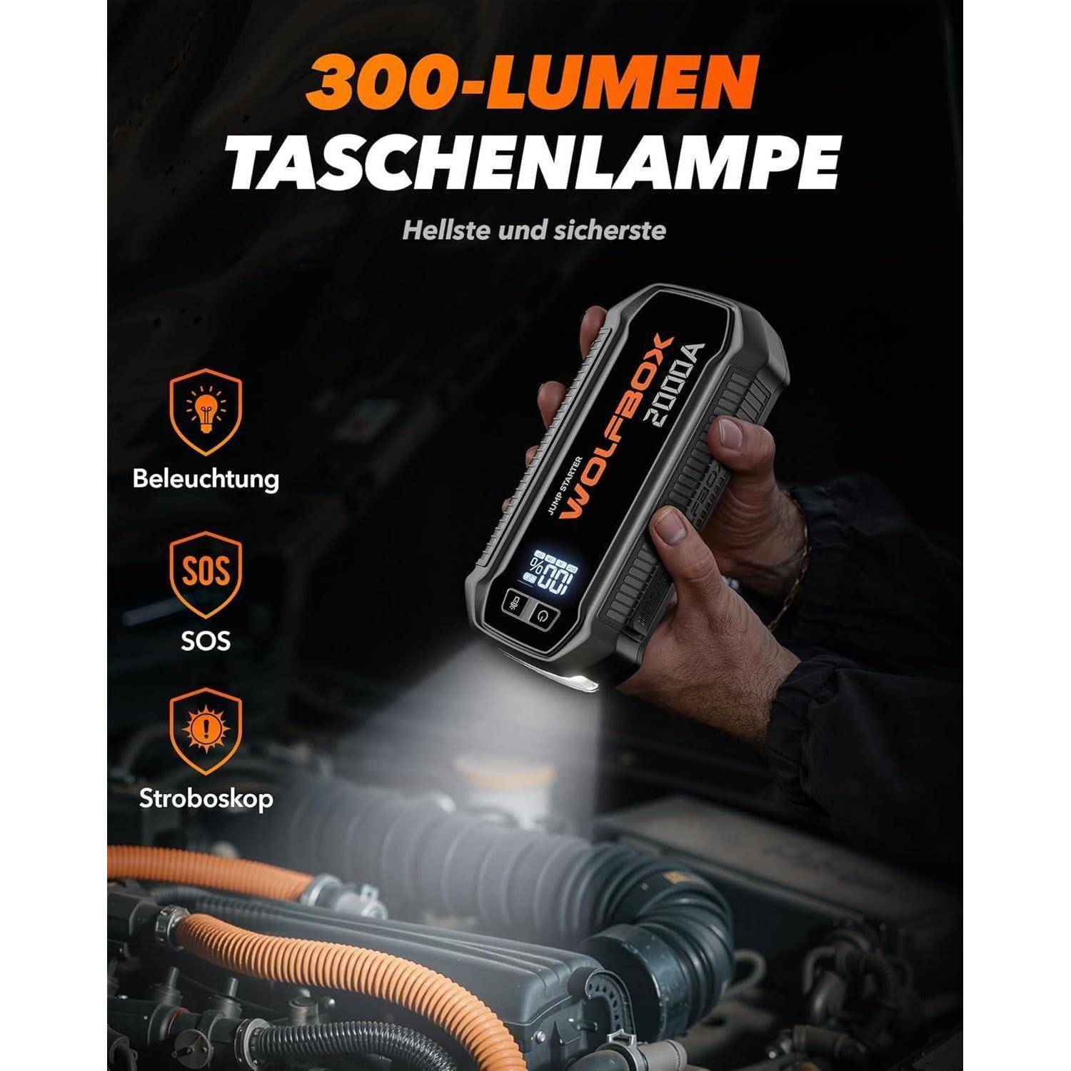 WOLFBOX Starthilfe Powerbank 2000A, 12V Auto Starthilfe (Bis zu 7L Benzin/6L Diesel) mit LED-Taschenlampe, großen Bildschirm, Starthilfekabel