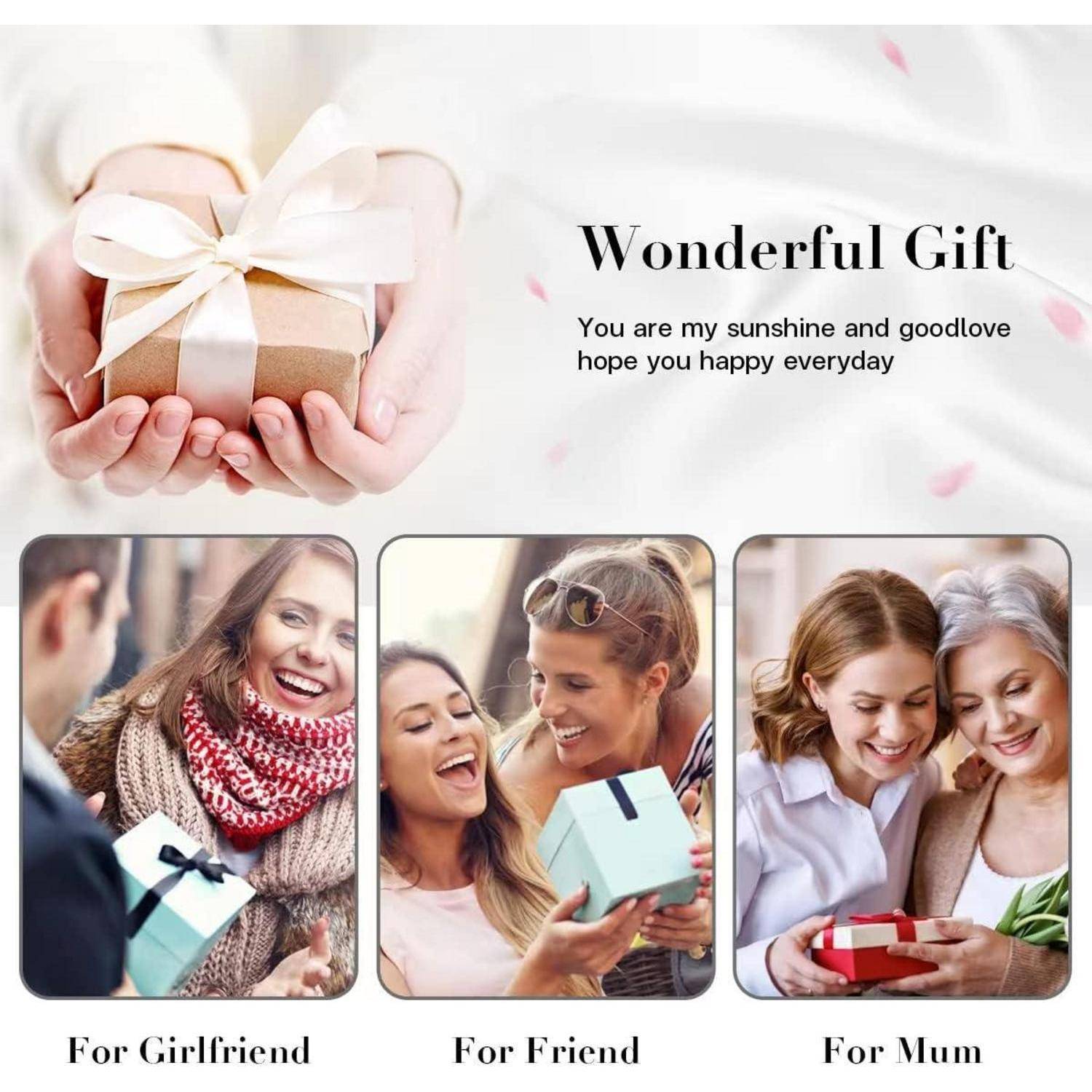 Geschenkgabe-Collage mit Händen, die ein verpacktes Geschenk halten, und drei Panels mit den Aufschriften „Für die Freundin