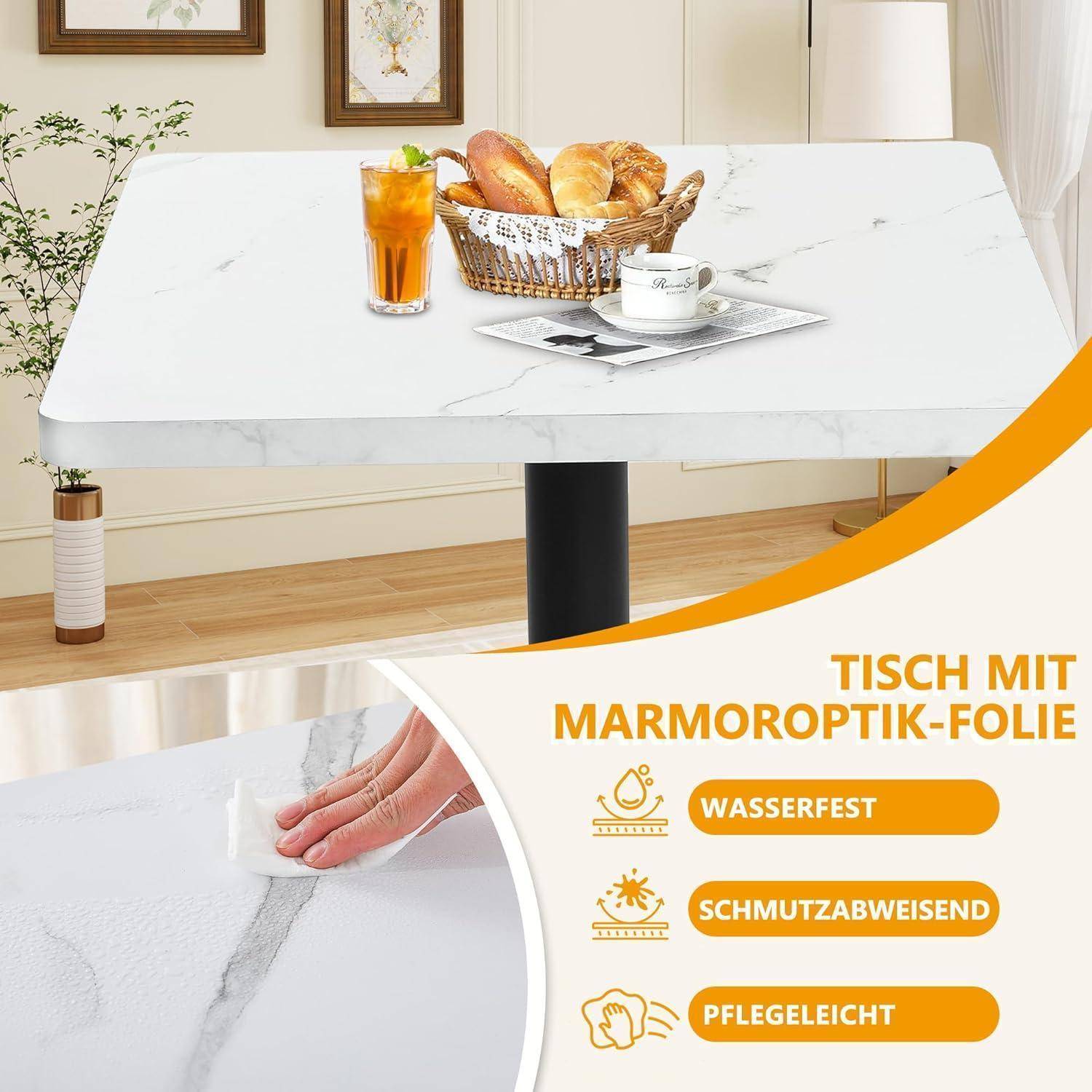 Mingone Quadratischer Esstisch 80x80cm, Küchentisch in Weiß mit Marmoroptik - Tischplatte aus MDF & Metallgestell - Für Küche, Esszimmer, Balkon,