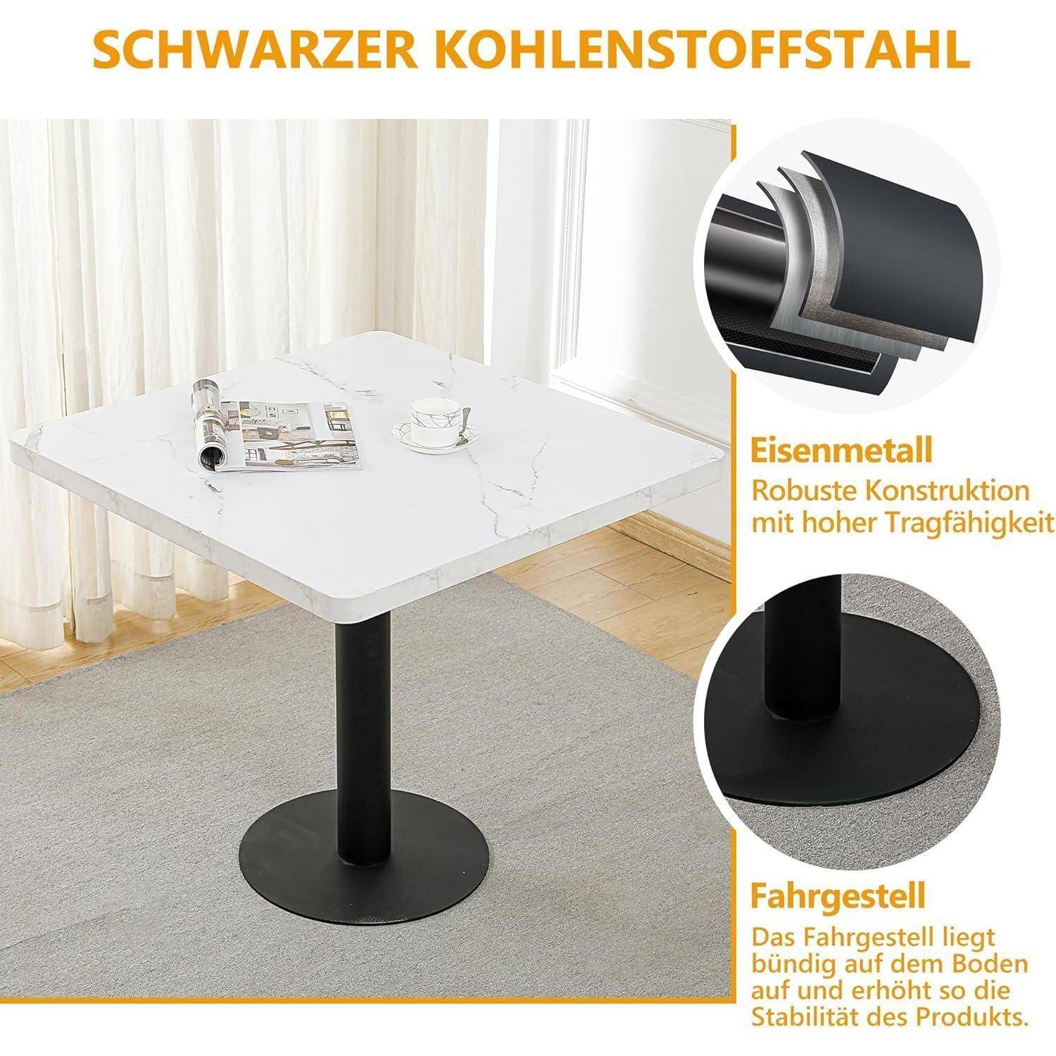 Produktangebot für einen weißen quadratischen Tisch mit schwarzer runder Sockelbasis, gekennzeichnet mit „SCHWARZER KOHLENSTOFFSTAHL