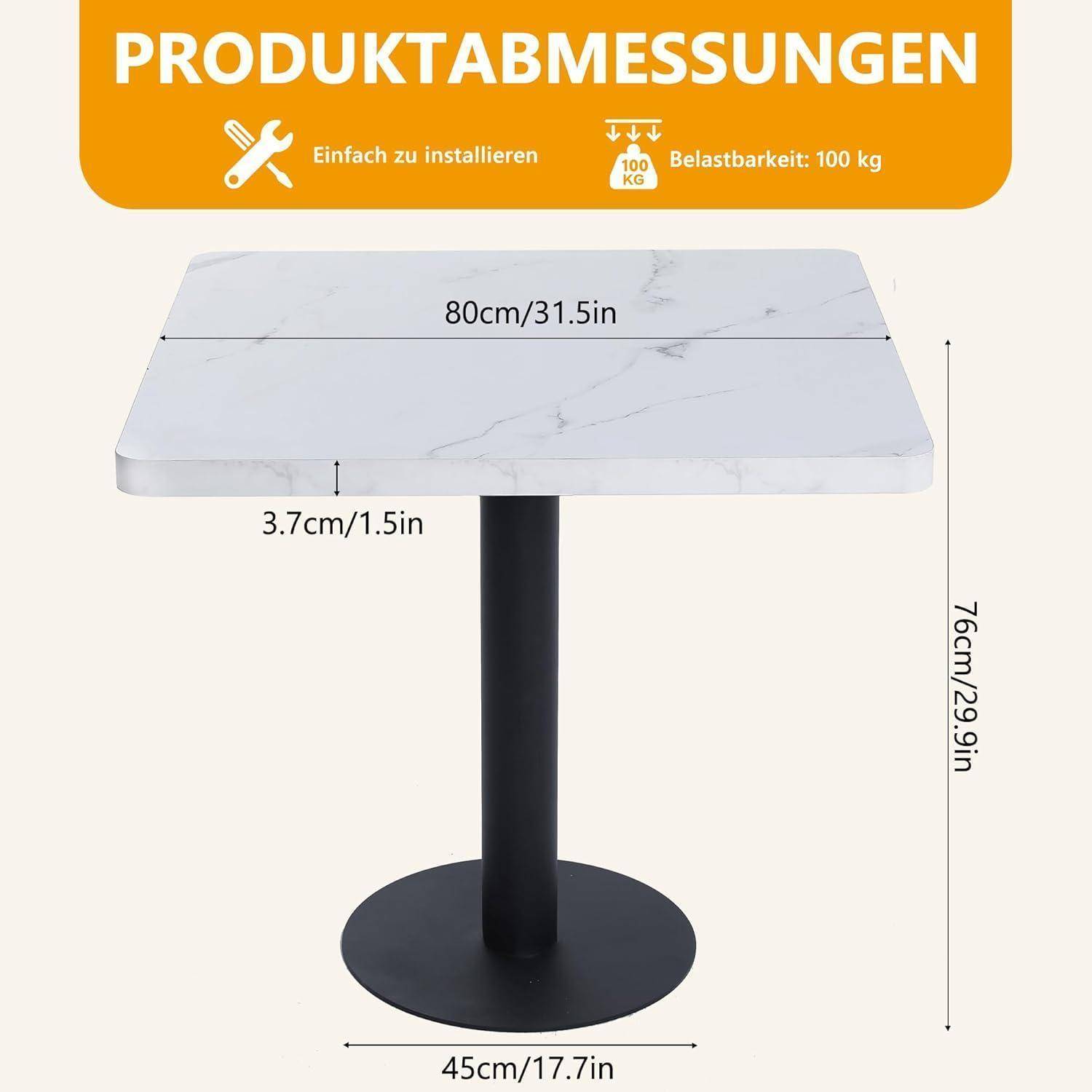 Produktabmessungsdiagramm für einen Säulentisch: 80 cm breit, 76 cm hoch, 45 cm Basisdurchmesser, 3,7 cm Tischplattendicke; 'Einfach zu montieren' und 'Tragfähigkeit: 100 kg'.