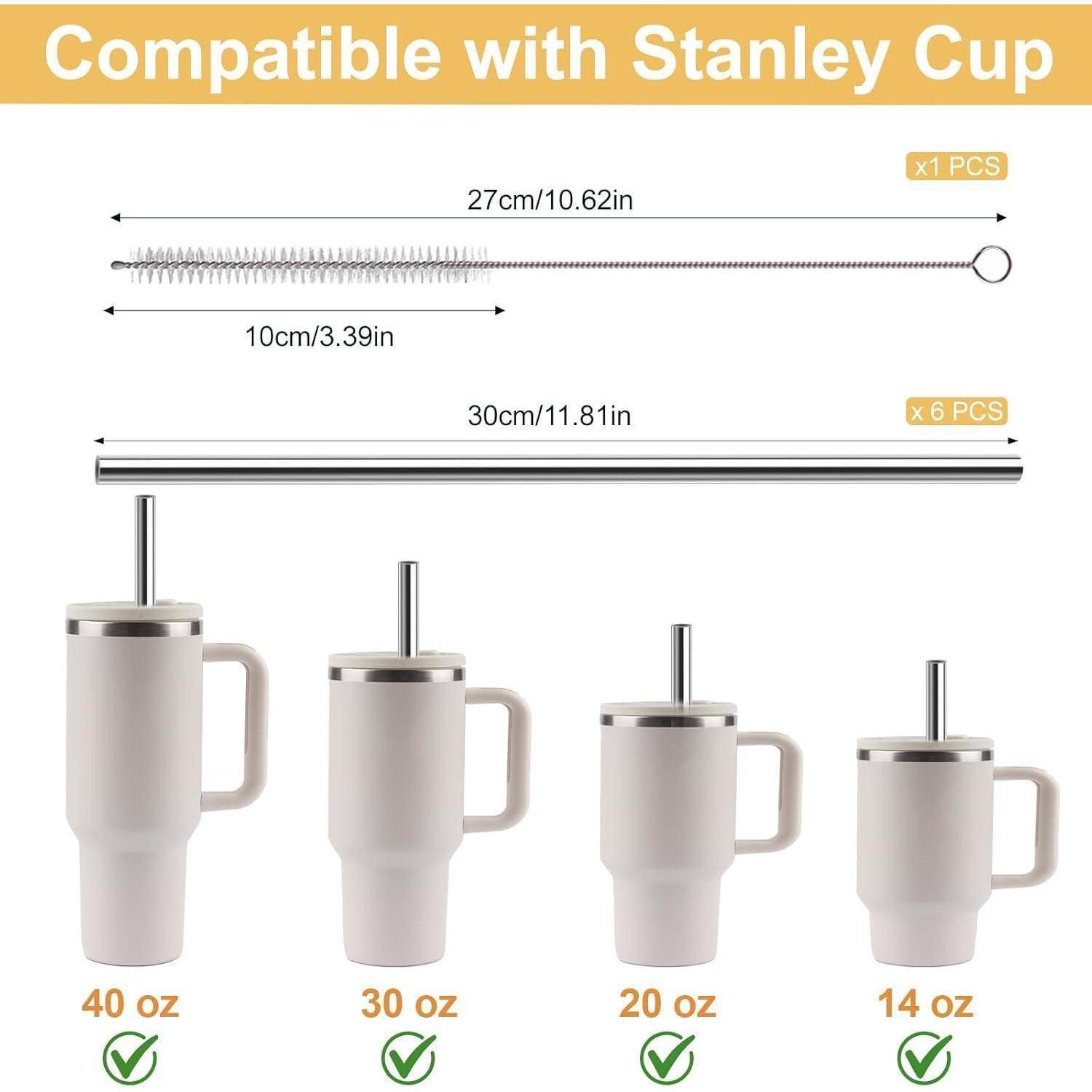 Produktkompatibilitätsgrafik mit wiederverwendbaren Strohhalmen und Deckelgrößen für Stanley Cup Thermobecher: 27 cm und 30 cm Optionen passen zu 40 oz, 30 oz, 20 oz und 14 oz Bechern.