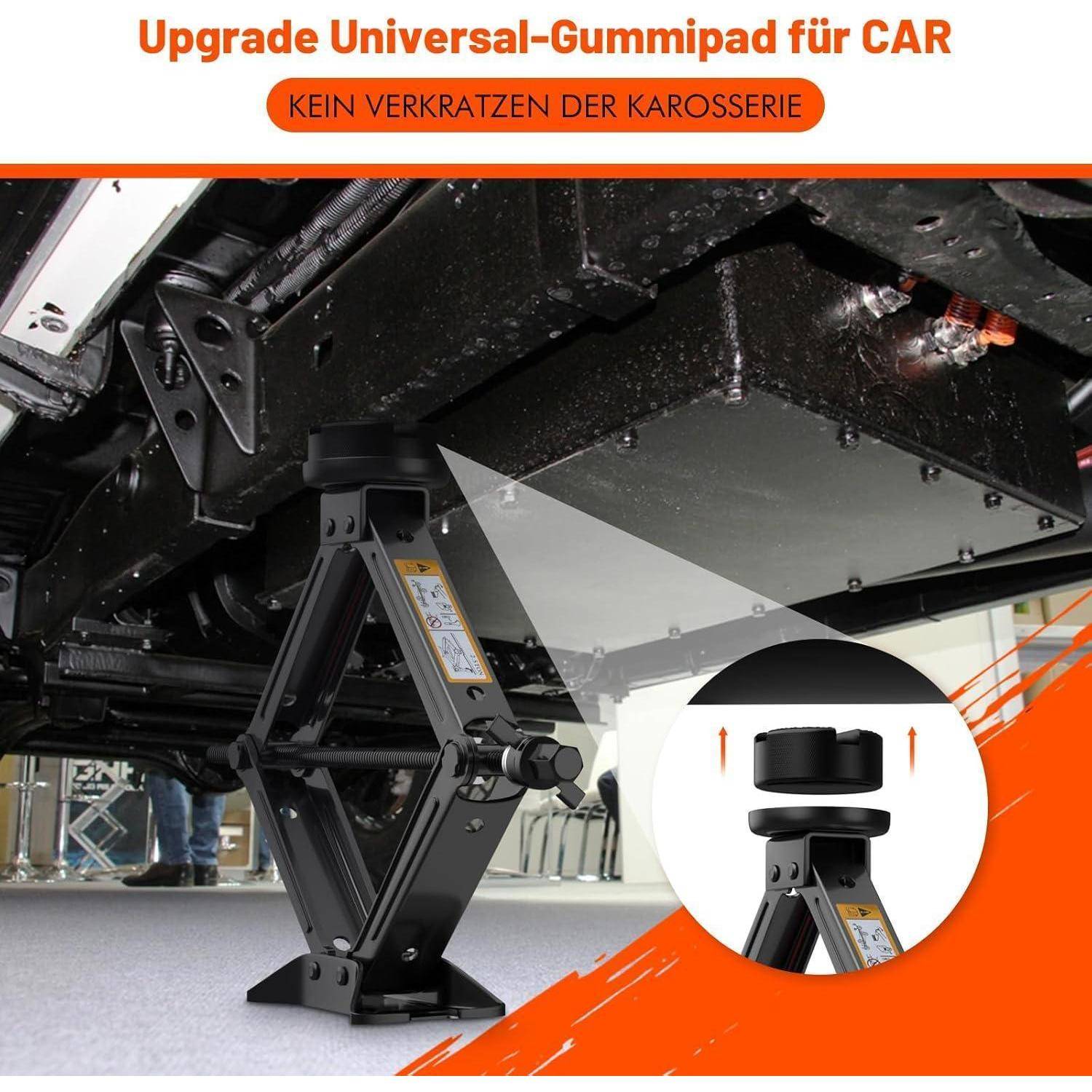 Wagenheber mit universelem Gummipad unter einem Autoheber; Text besagt „Upgrade Universal-Gummipad für AUTO