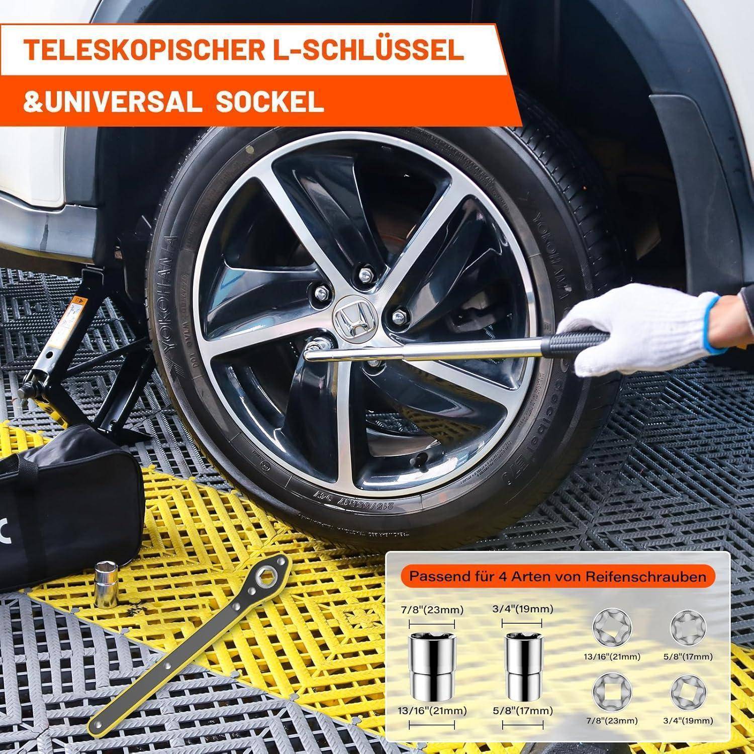 Teleskopischer L-Schlüssel mit Universal-Sockel wird an einer Autoreifen-Schraube angesetzt; Bild zeigt passende Größen für vier Reifenbolzen-Arten.