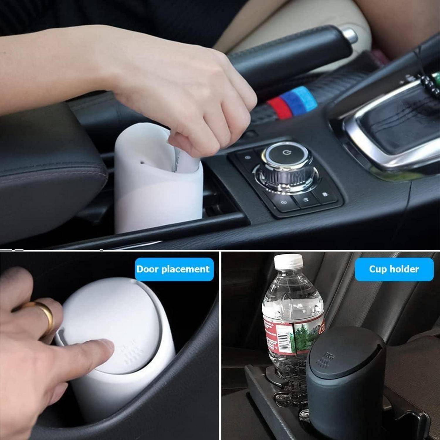 Collage zeigt einen weißen Getränkehalter-Einsatz, der in die Mittelkonsole eines Autos eingebaut wird, mit Beispielen des Einsatzes für eine Flasche und eine Tasse.