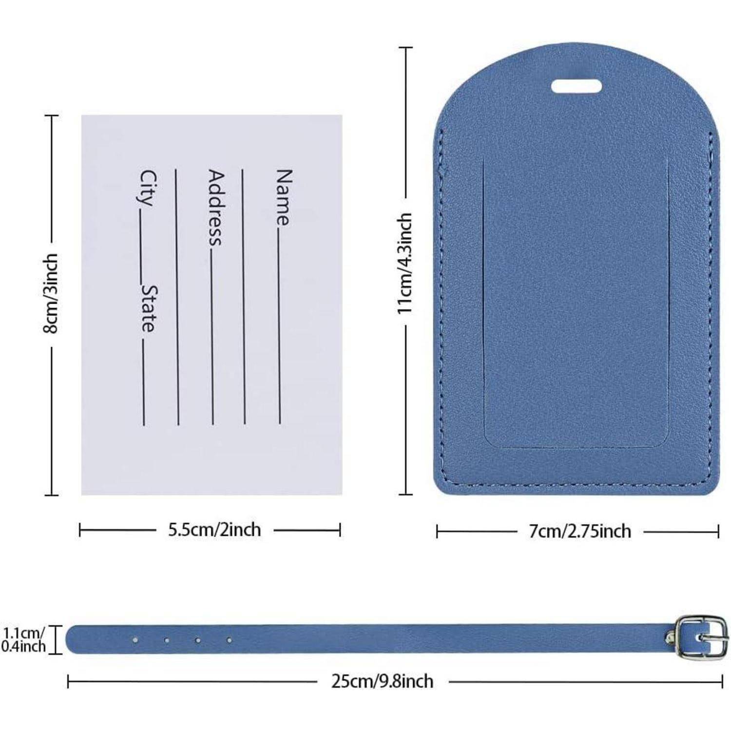 Blauer Gepäckanhänger-Set mit Einlegekarte und Riemen; Abmessungen wie gezeigt: Karte 8 cm x 5,5 cm, Anhänger 11 cm x 7 cm, Riemen 25 cm lang.