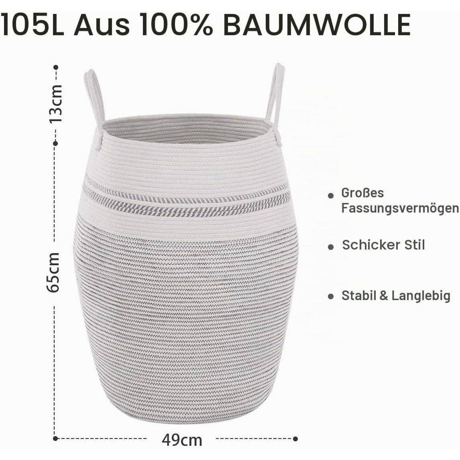Produktbild eines gewebten Baumwoll-Aufbewahrungskorbs mit der Bezeichnung „105L Aus 100% BAUMWOLLE