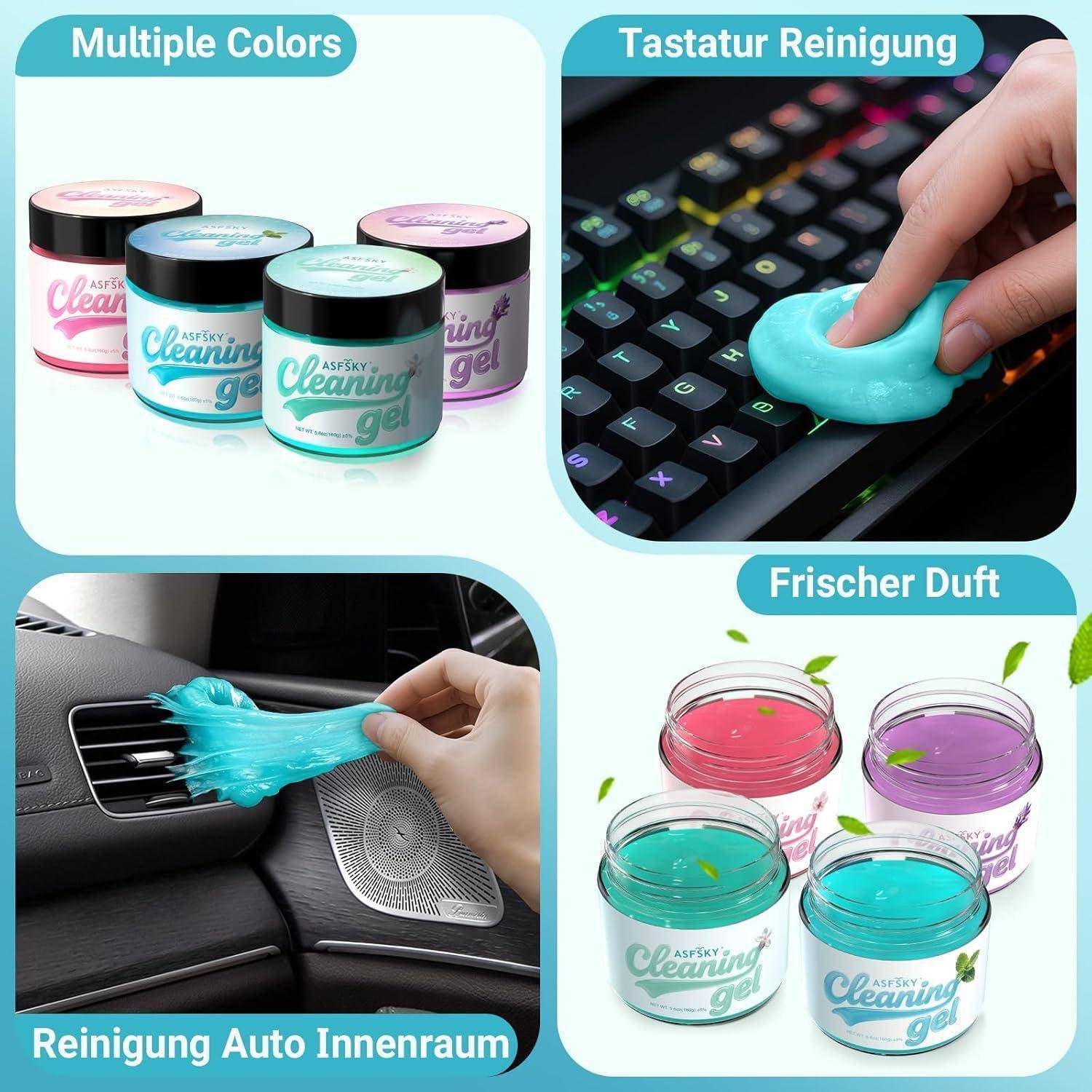 Werbecollage mit bunten Reinigungsgel-Gläsern und deren Verwendungen: Reinigung einer Tastatur, Autoinnenraum-Lüftungsgitter und Darstellung von Frischduft sowie mehreren Farben.
