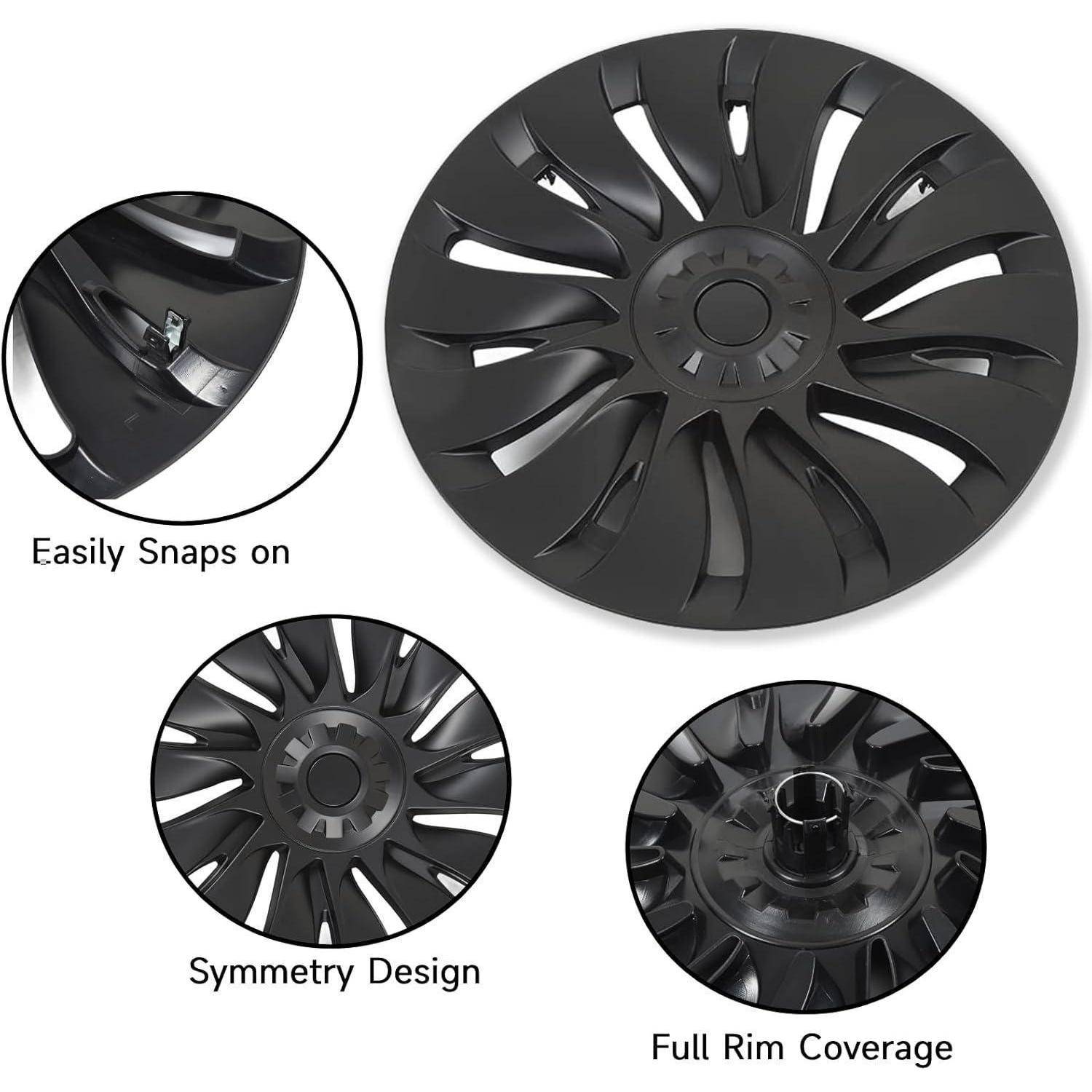 Schwarze Radkappe mit Schnappverschluss, symmetrischem Design und vollständiger Felgenabdeckung, dargestellt in drei detaillierten Nahaufnahmen.