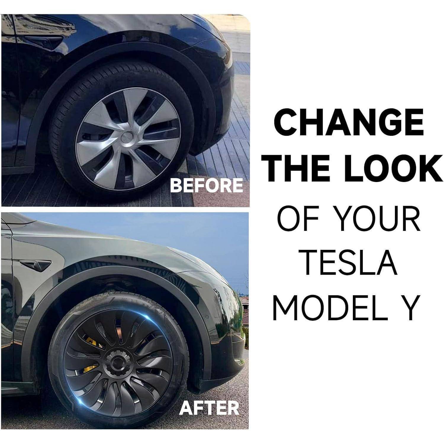 Vorher- und Nachher-Fotos eines Radwechsels bei einem Tesla Model Y, zeigen ein Serienrad, das durch eine schwarze Nachrüst-Turbinen-Felge ersetzt wurde; Text liest sich wie folgt: „VERÄNDERN SIE DAS AUSSEHEN IHRES TESLA MODEL Y