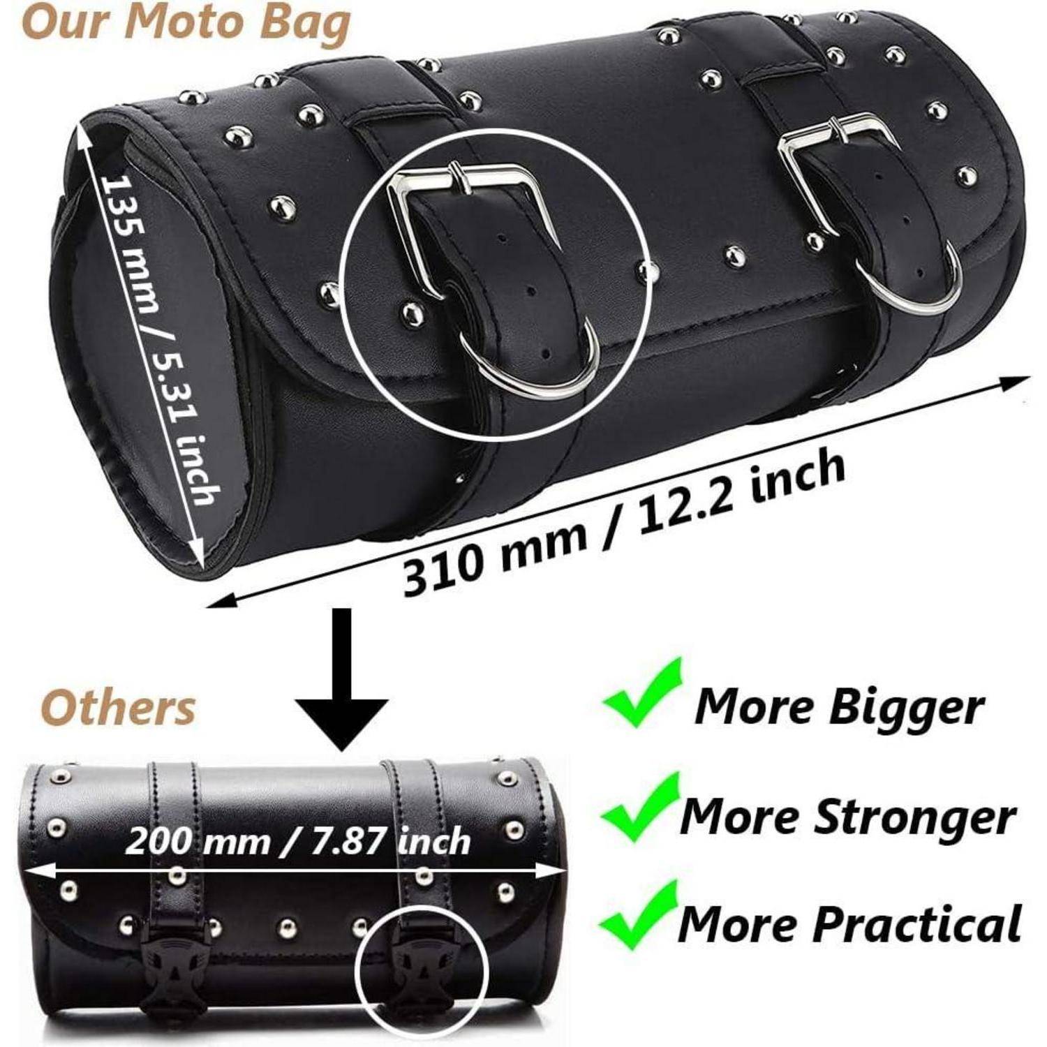 Produktbild einer schwarzen Motorradtasche mit Schnallen, die Abmessungen von 310 mm x 135 mm zeigt und mit einer kleineren Tasche von 200 mm x 78,7 mm als größer, stärker und praktischer vergleicht.