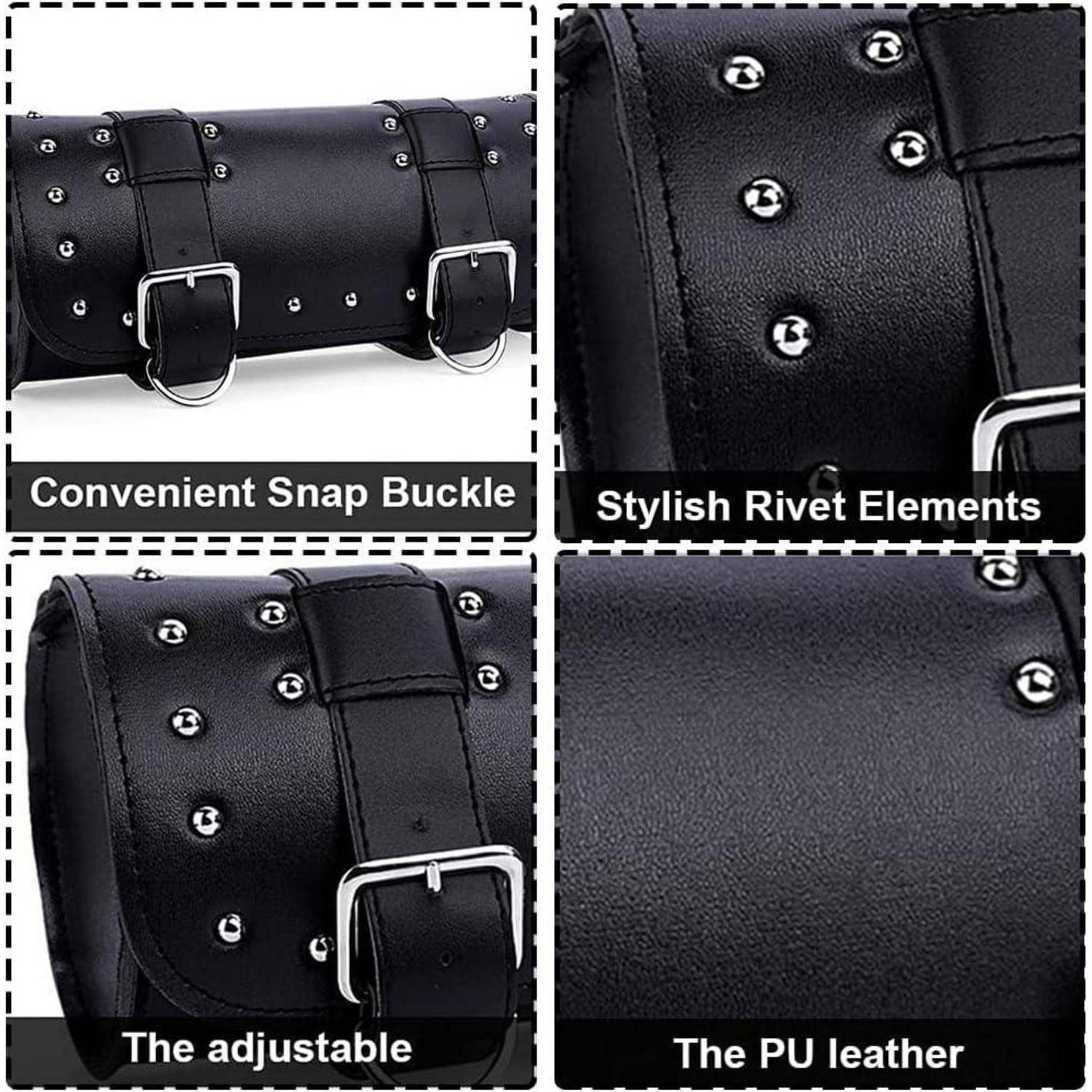 Collage einer schwarzen zylindrischen Tasche aus PU-Leder mit Druckknopfverschlüssen, verstellbarem Riemen und Niettendetails, mit Beschriftungen der Produktmerkmale.
