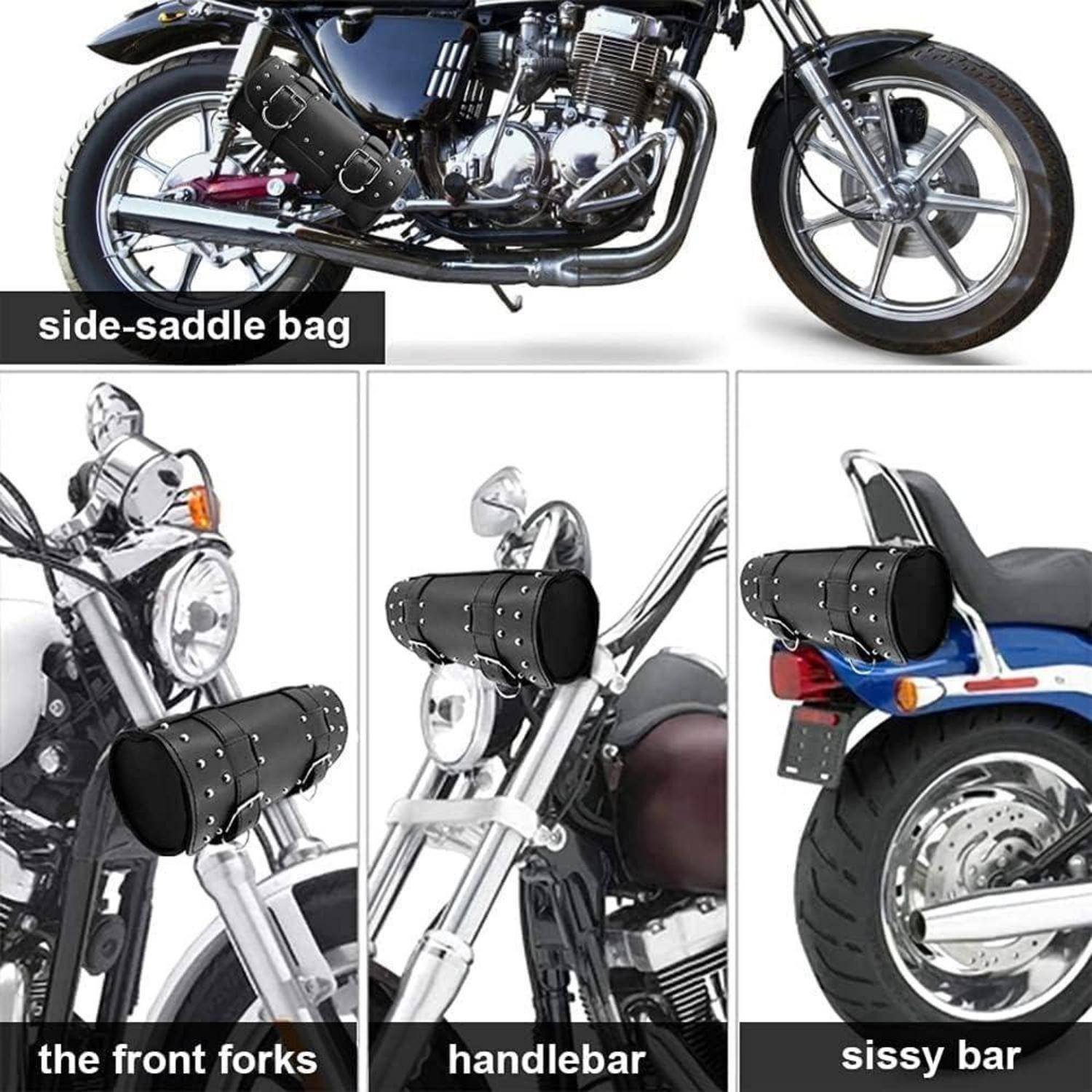 Motorrad-Satteltasche wird in vier Positionen gezeigt: an der vorderen Gabel, am Lenker und an der Sissy-Bar, mit einem Motorrad-Beispiel oben.