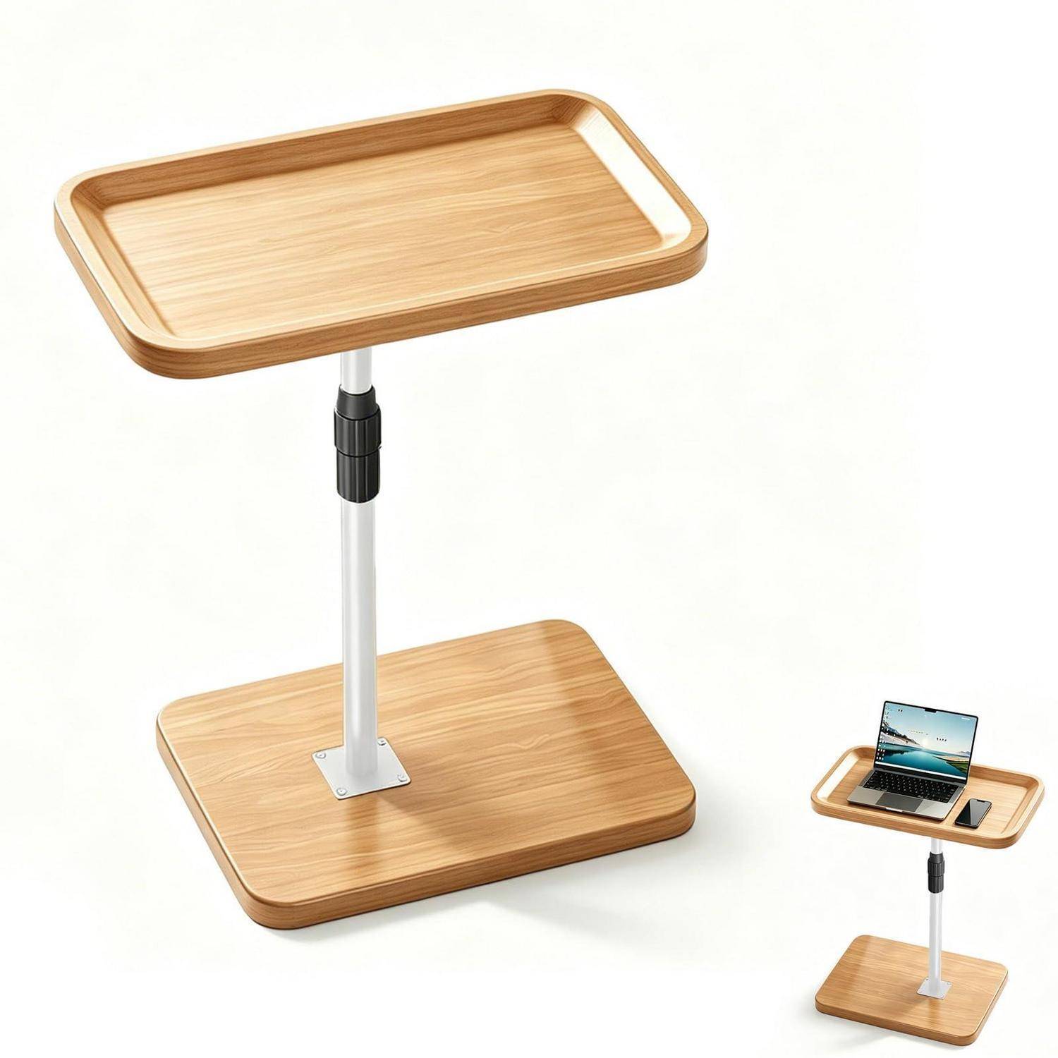 Verstellbarer Laptop-Ständer aus Holz mit neigbarer oberer Ablage und gewichteter Basis; die Detailaufnahme zeigt, wie er einen Laptop auf einem Schreibtisch oder Tisch hält.