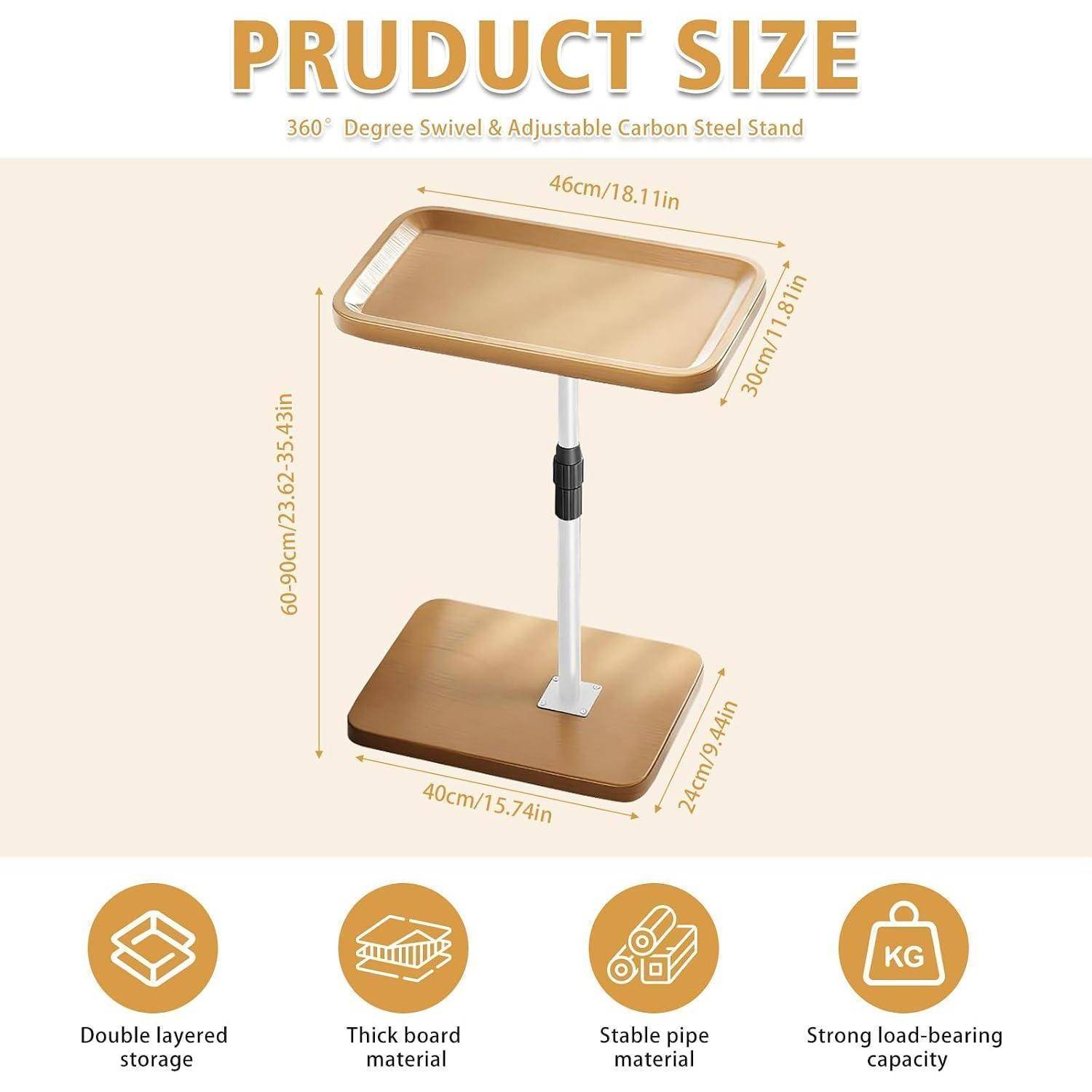 Produktgrößendiagramm eines um 360 Grad schwenkbaren verstellbaren Ständers aus Kohlenstoffstahl: oberes Tablett 46 x 30 cm, Basis 40 x 24 cm, höhenverstellbar 60-90 cm, mit Symbolen für doppellagiges Design, dicke Platte, stabiles Rohr und hohe Tragfähigkeit.