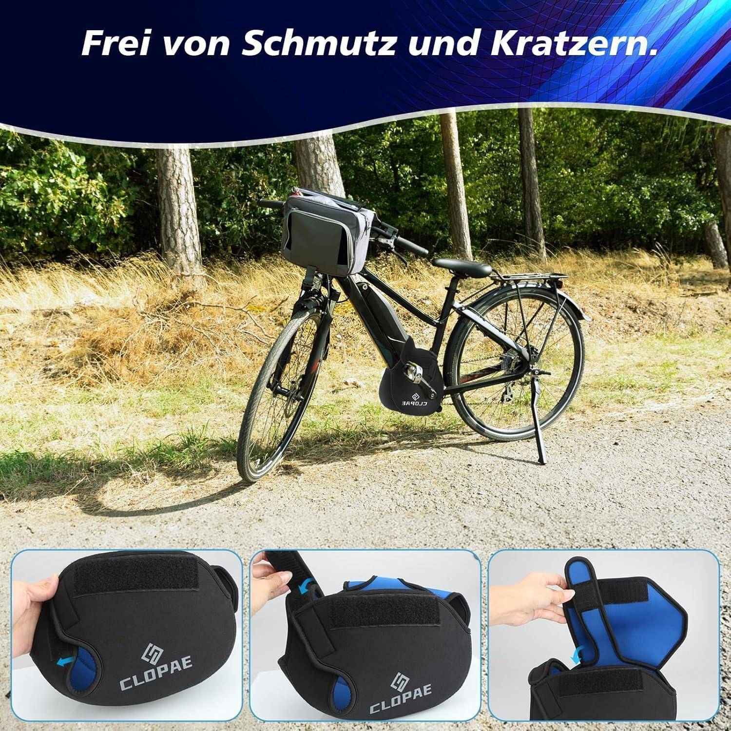 Elektrofahrrad mit schwarzer Rahmentasche und Batterieabdeckung auf einem Fahrradweg; drei Nahaufnahmen unten zeigen die Tasche offen und in Gebrauch.