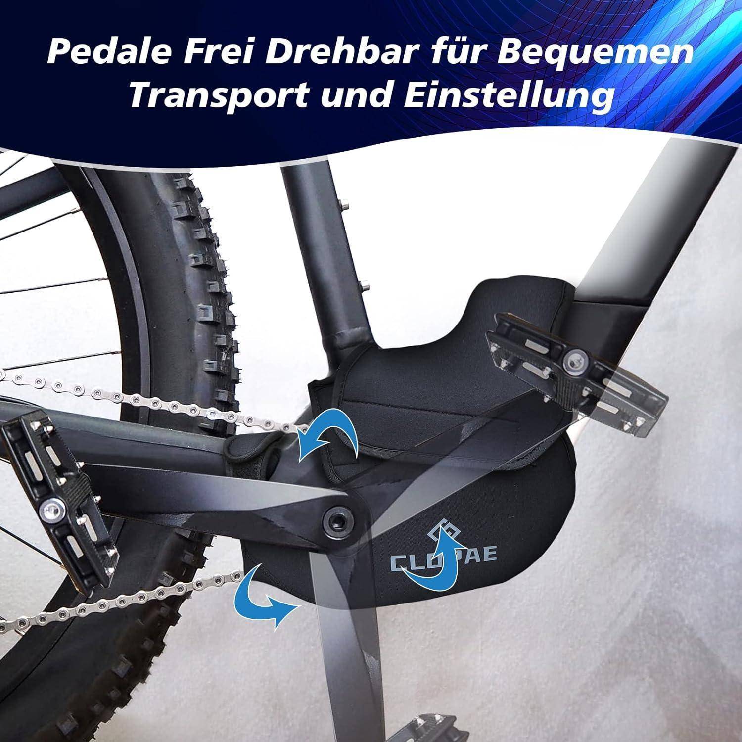 Mountainbike-Pedale und Kurbel klappbar für einfachen Transport und Einstellung, mit deutschem Text „Pedale frei drehbar für bequemen Transport und Einstellung".