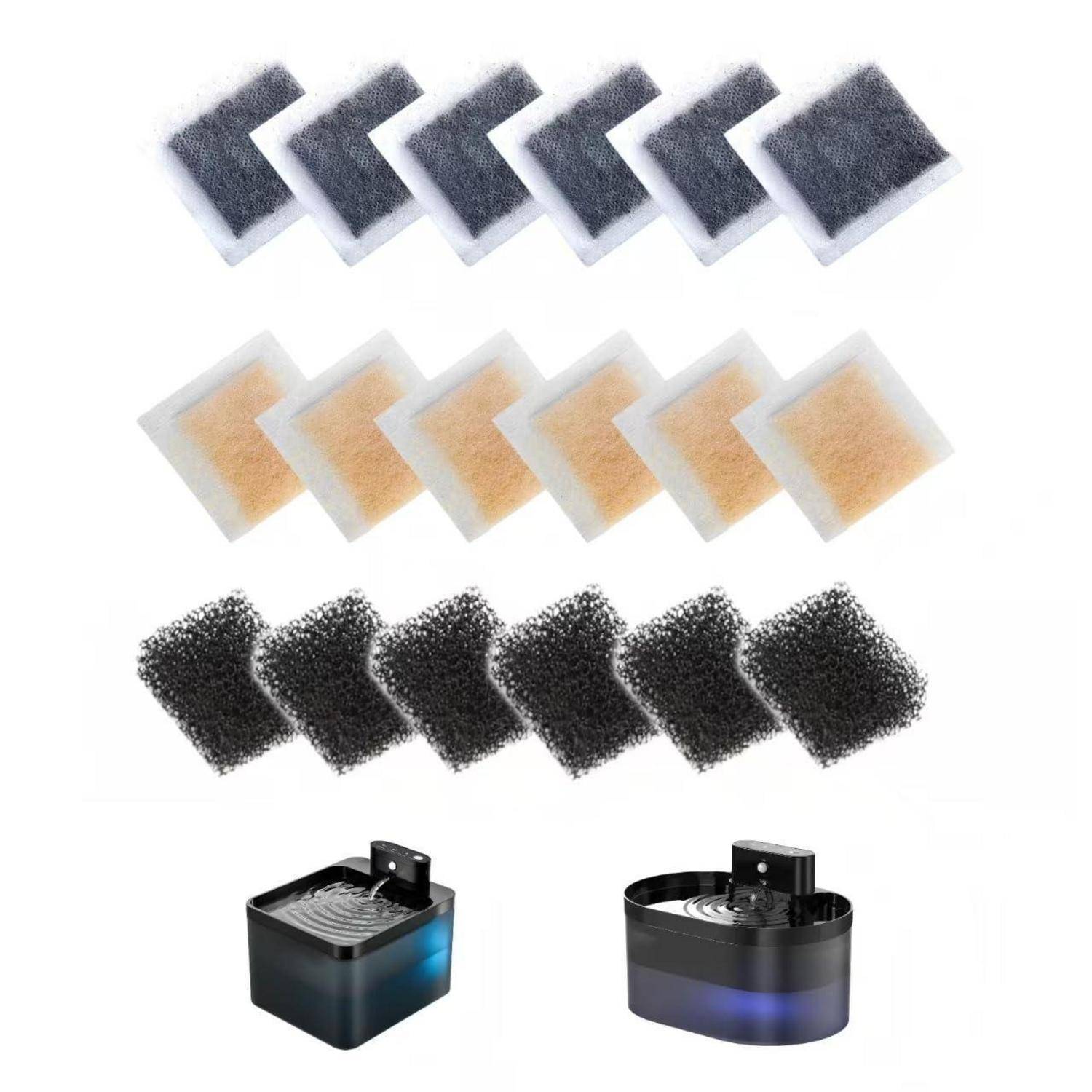 Produktabbildung mit drei Sätzen von Ersatz-Filterpads in verschiedenen Farben über zwei kleine schwarze Tisch-Wasserbrunnen mit zirkulierendem Wasser.