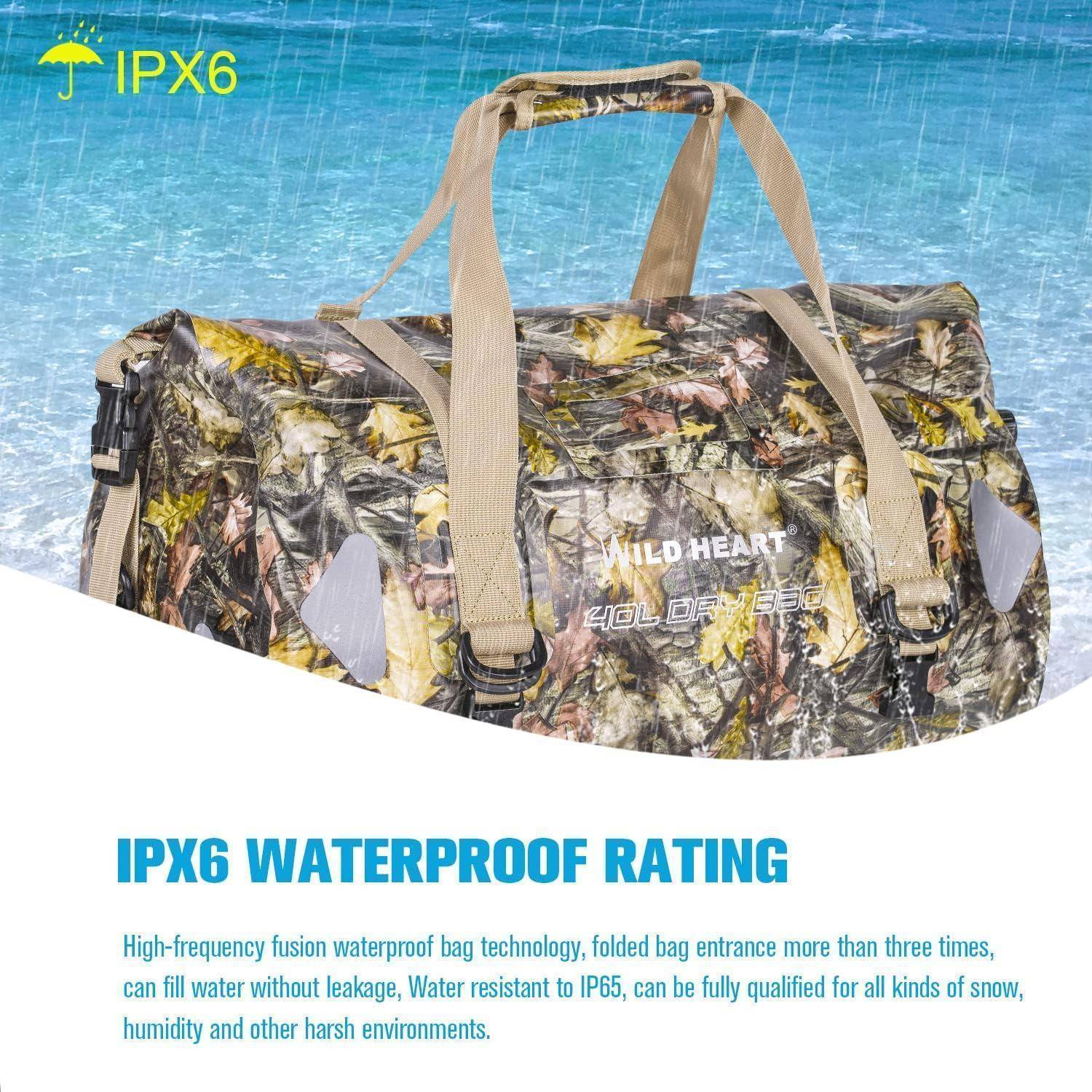 WILD HEART wasserdichte Reisetasche, 40 l 66 l, 100 l, mit verschweißten Nähten, Schultergurten, Netztasche für Kajakfahren, Camping, Bootfahren,