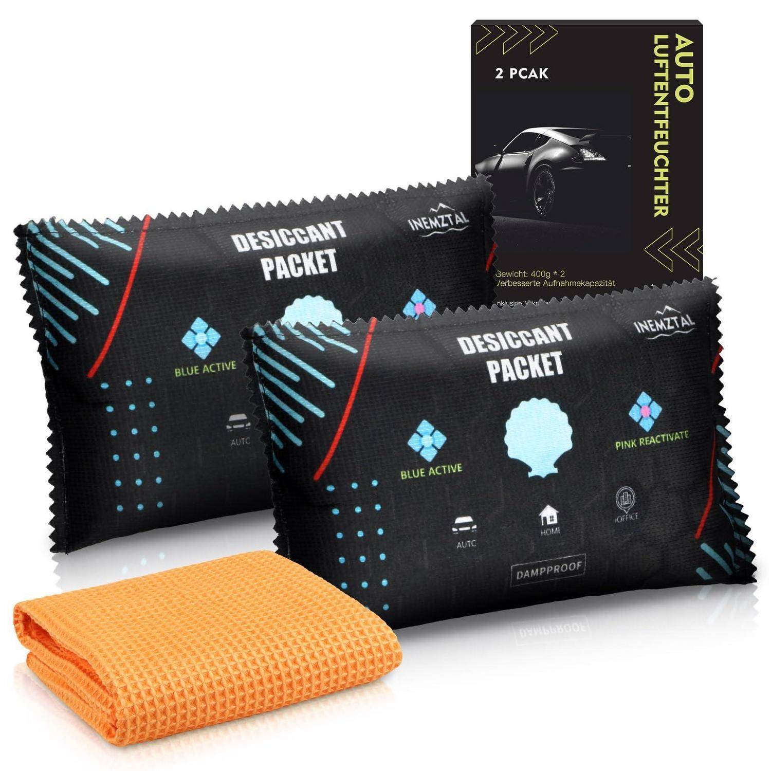 Zwei schwarze Trockenmittelpäckchen und ein oranges Mikrofasertuch, mit Produktverpackung mit der Bezeichnung 