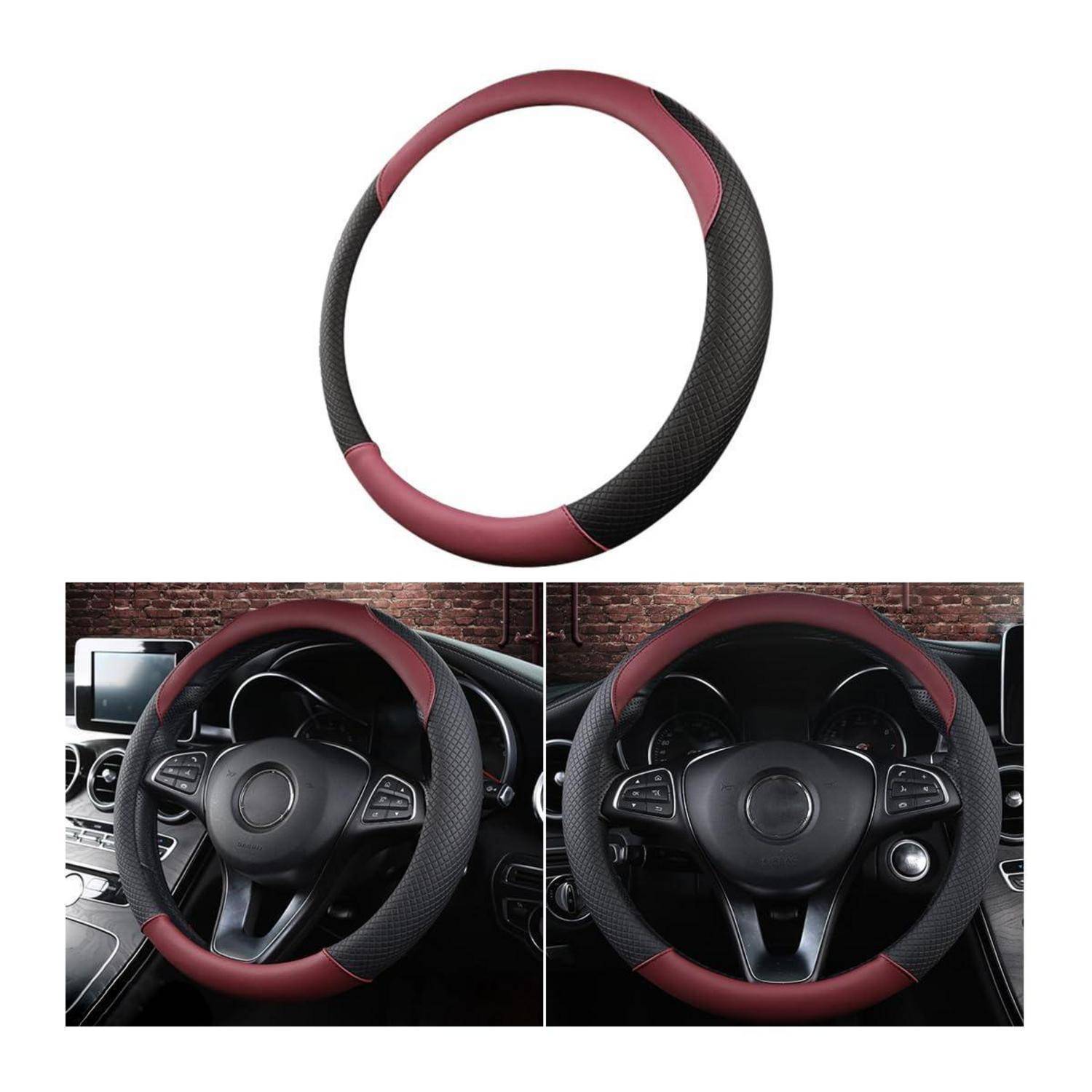 Schwarzes und burgundierfarbenes Lenkradabdeckung einzeln gezeigt und auf einem Auto-Lenkrad montiert, mit zwei Installationsbeispielen darunter.