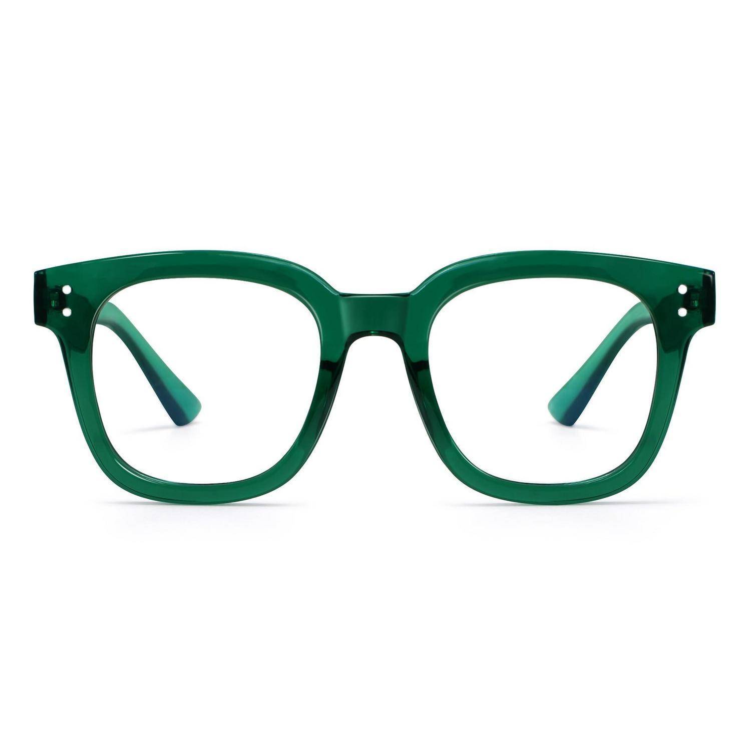 Grüne quadratische Brille mit dicken Kunststoffrahmen auf weißem Hintergrund.