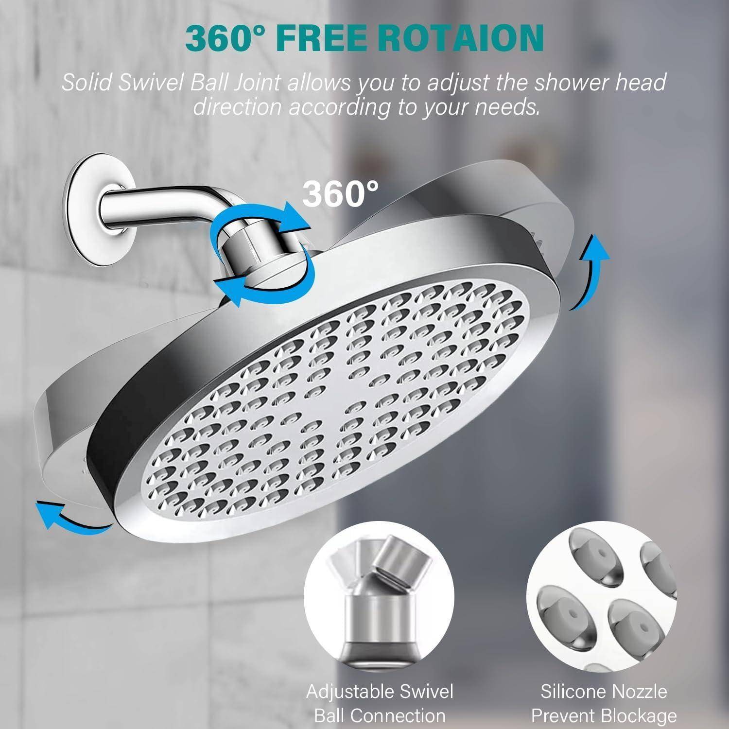 Kopfbrause Regendusche mit Duscharm, 6 Zoll Hochdruck Kopfbrause Wassersparend, Duschkopf Regendusche mit Anti-Kalk-Düsen, Runder 360° Verstellbarer