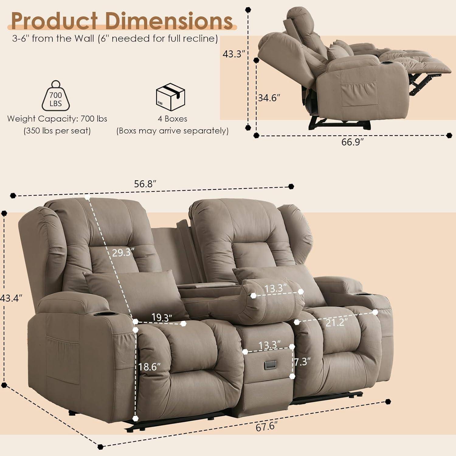 Produktabmessungen für ein zweiteiliges verstellbares Sofa mit Angaben zu Größen, Platz bei Rückenlage, Sitztiefe und Tragfähigkeit von 700 Pfund; wird in 4 Kartons versendet.