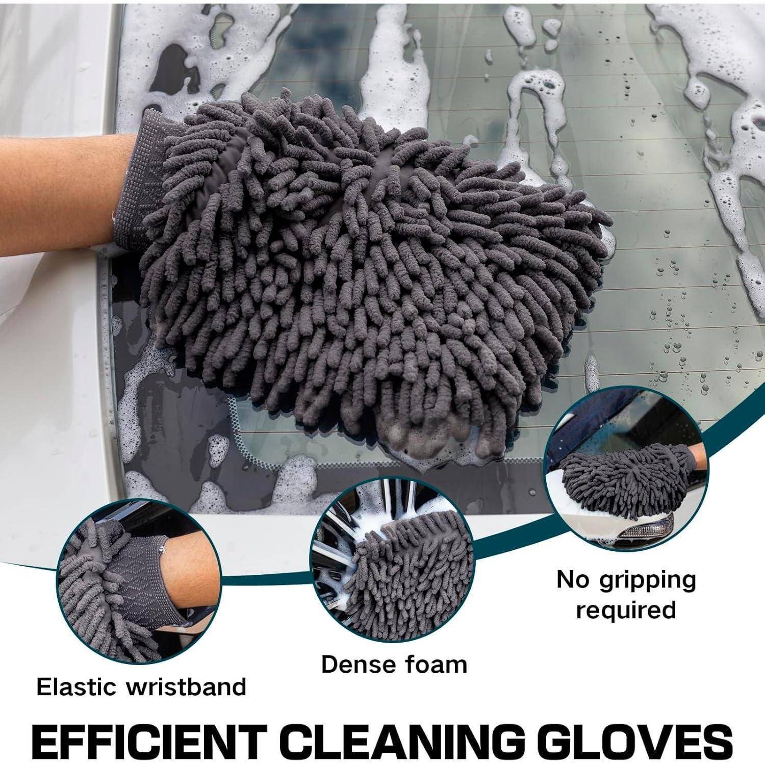 Autopflege Set 5 Stück,mit 3 Auto Trockentuch & 2 Waschhandschuh Auto,Super Saugfähig 600GSM Mikrofasertücher,Weich Poliertücher Trokentuch,100%