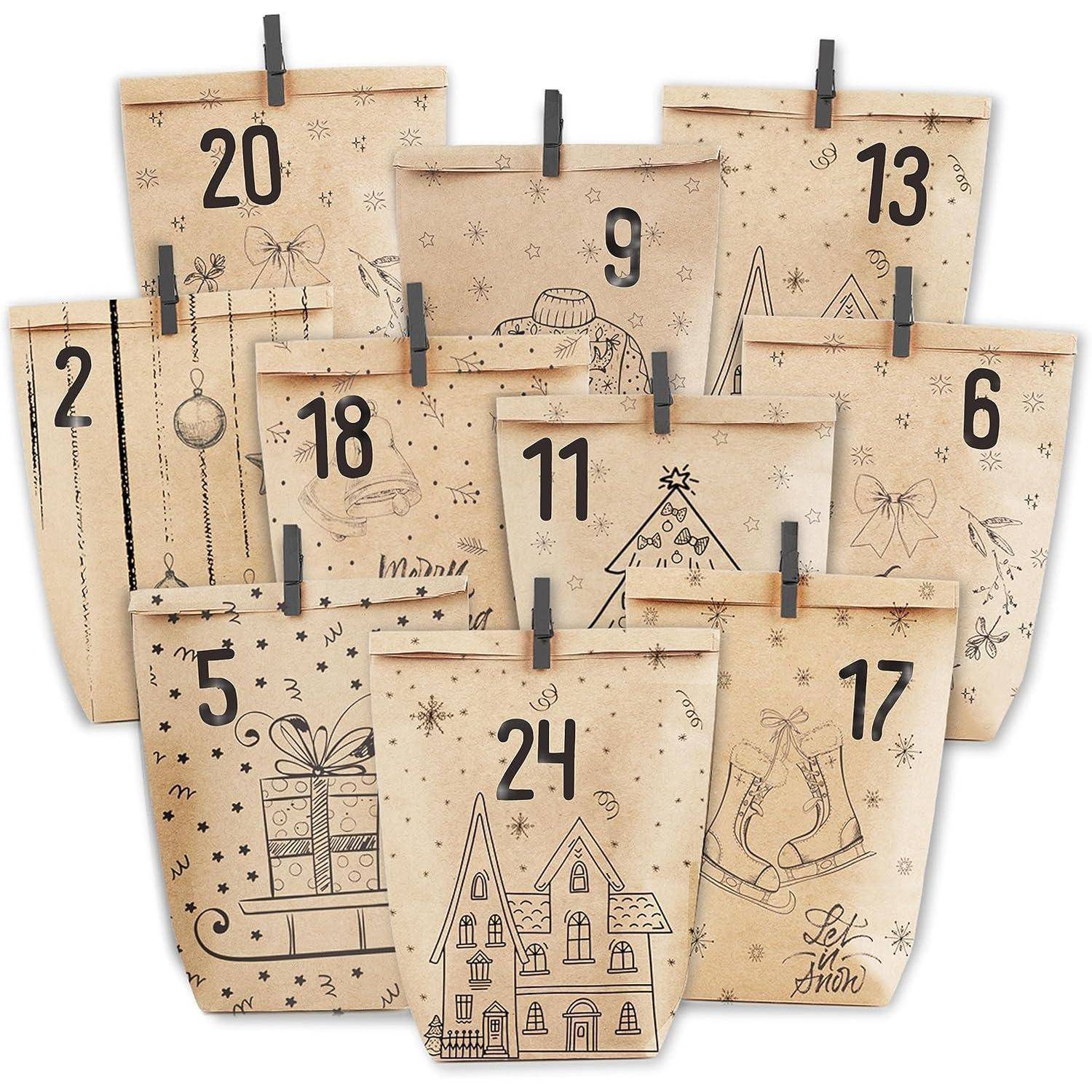 PANSIBY Adventskalender zum Befüllen, 24 Weihnachtskalender Geschenk Papiertüten Groß zum Selber Befüllen, Kraftpapiertüten Advents Tüten Selbst