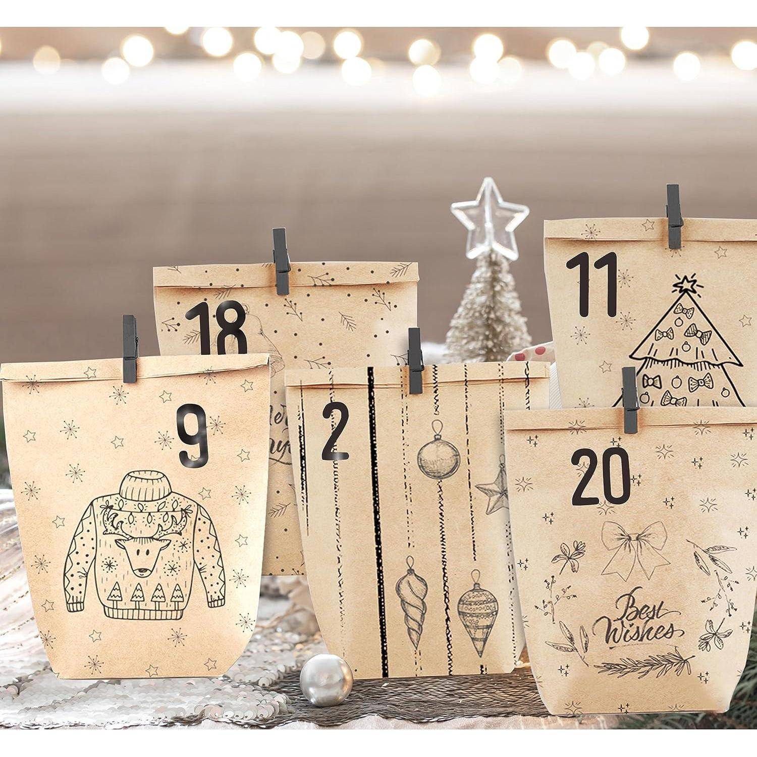 PANSIBY Adventskalender zum Befüllen, 24 Weihnachtskalender Geschenk Papiertüten Groß zum Selber Befüllen, Kraftpapiertüten Advents Tüten Selbst
