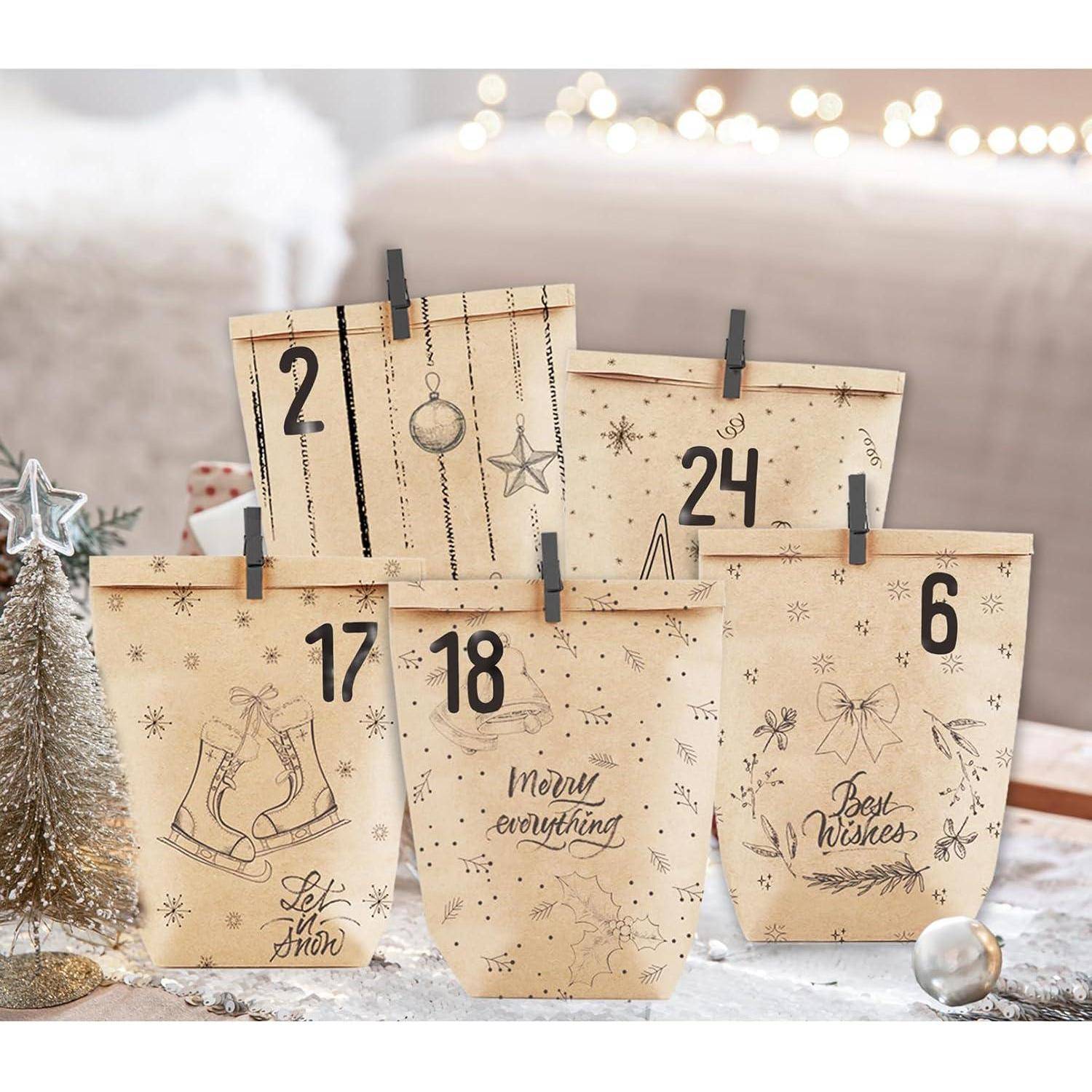 PANSIBY Adventskalender zum Befüllen, 24 Weihnachtskalender Geschenk Papiertüten Groß zum Selber Befüllen, Kraftpapiertüten Advents Tüten Selbst