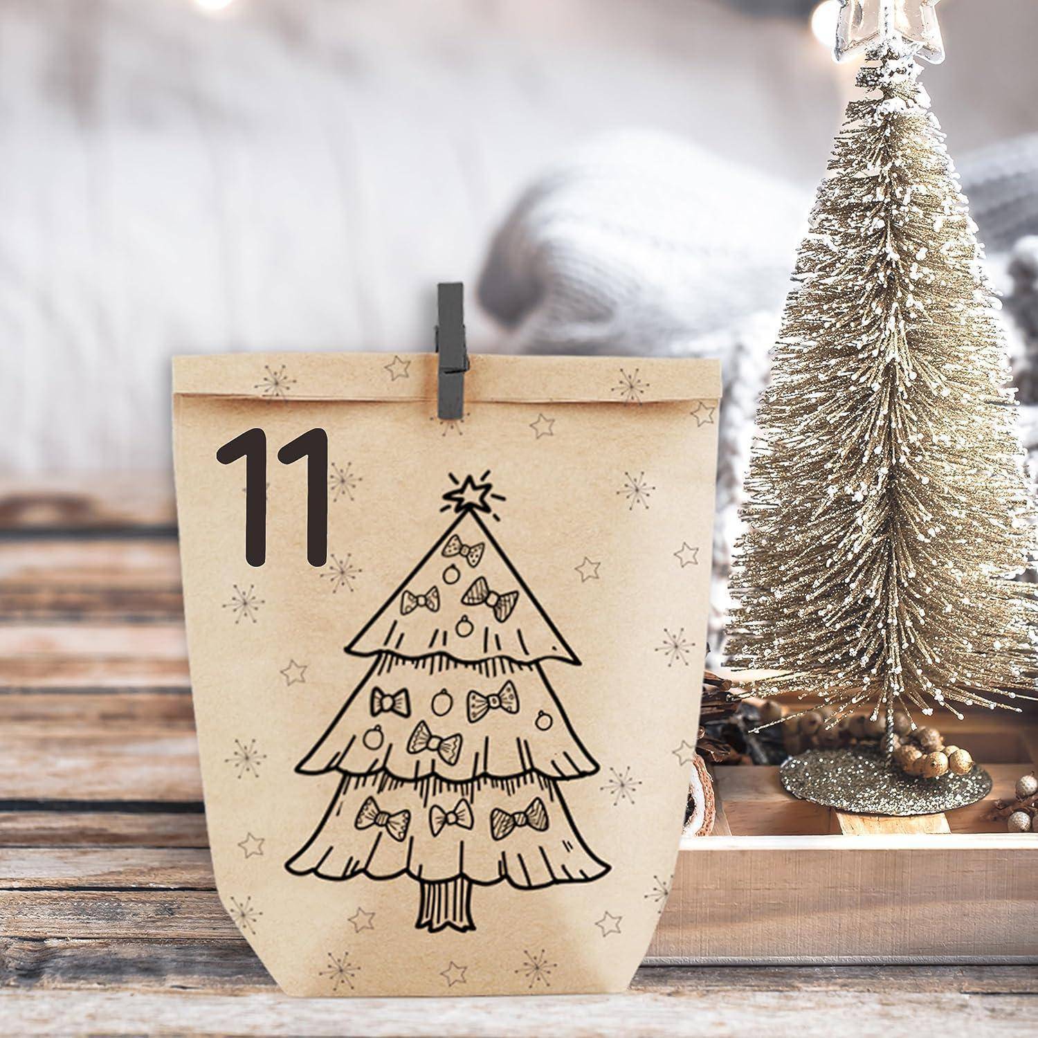 PANSIBY Adventskalender zum Befüllen, 24 Weihnachtskalender Geschenk Papiertüten Groß zum Selber Befüllen, Kraftpapiertüten Advents Tüten Selbst