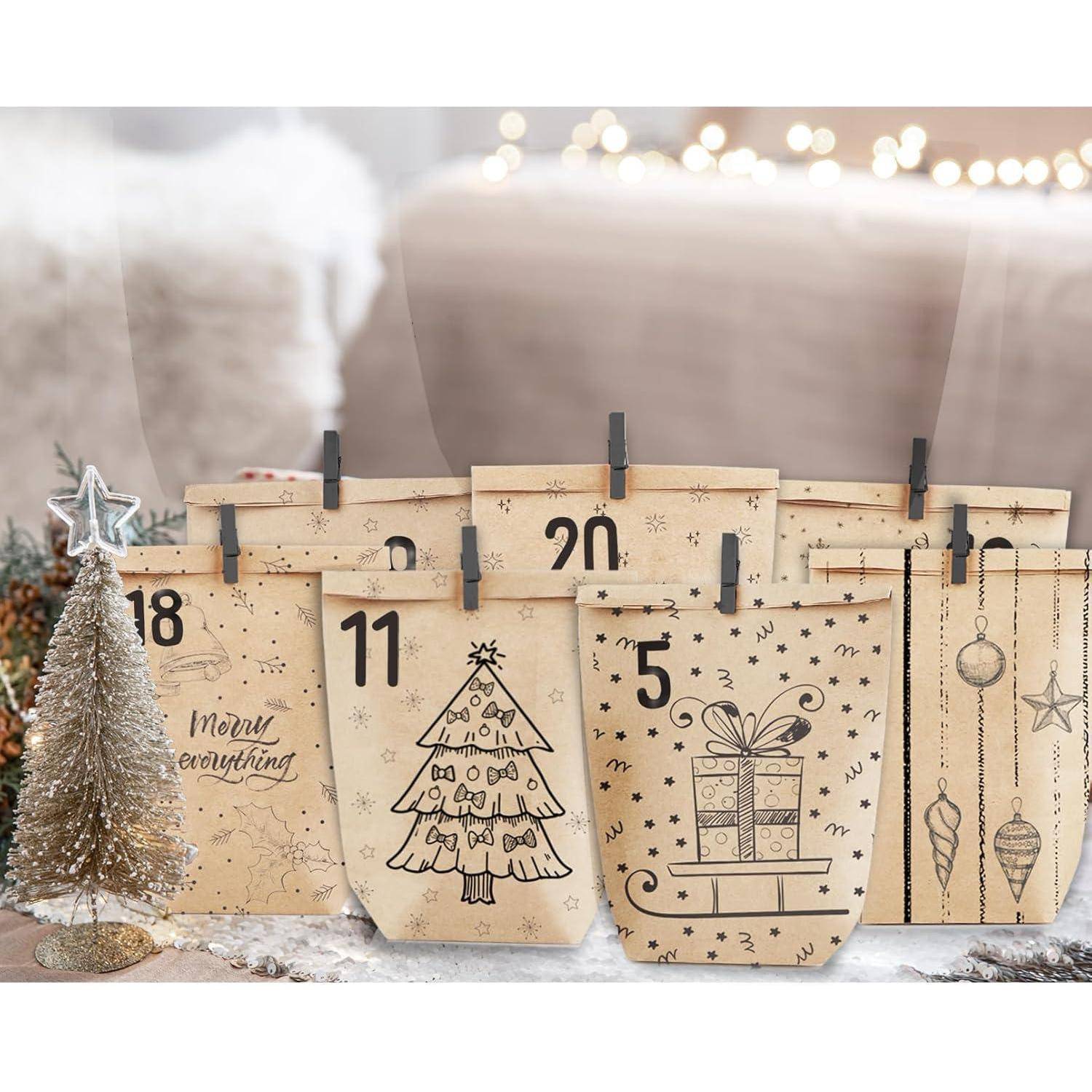 PANSIBY Adventskalender zum Befüllen, 24 Weihnachtskalender Geschenk Papiertüten Groß zum Selber Befüllen, Kraftpapiertüten Advents Tüten Selbst