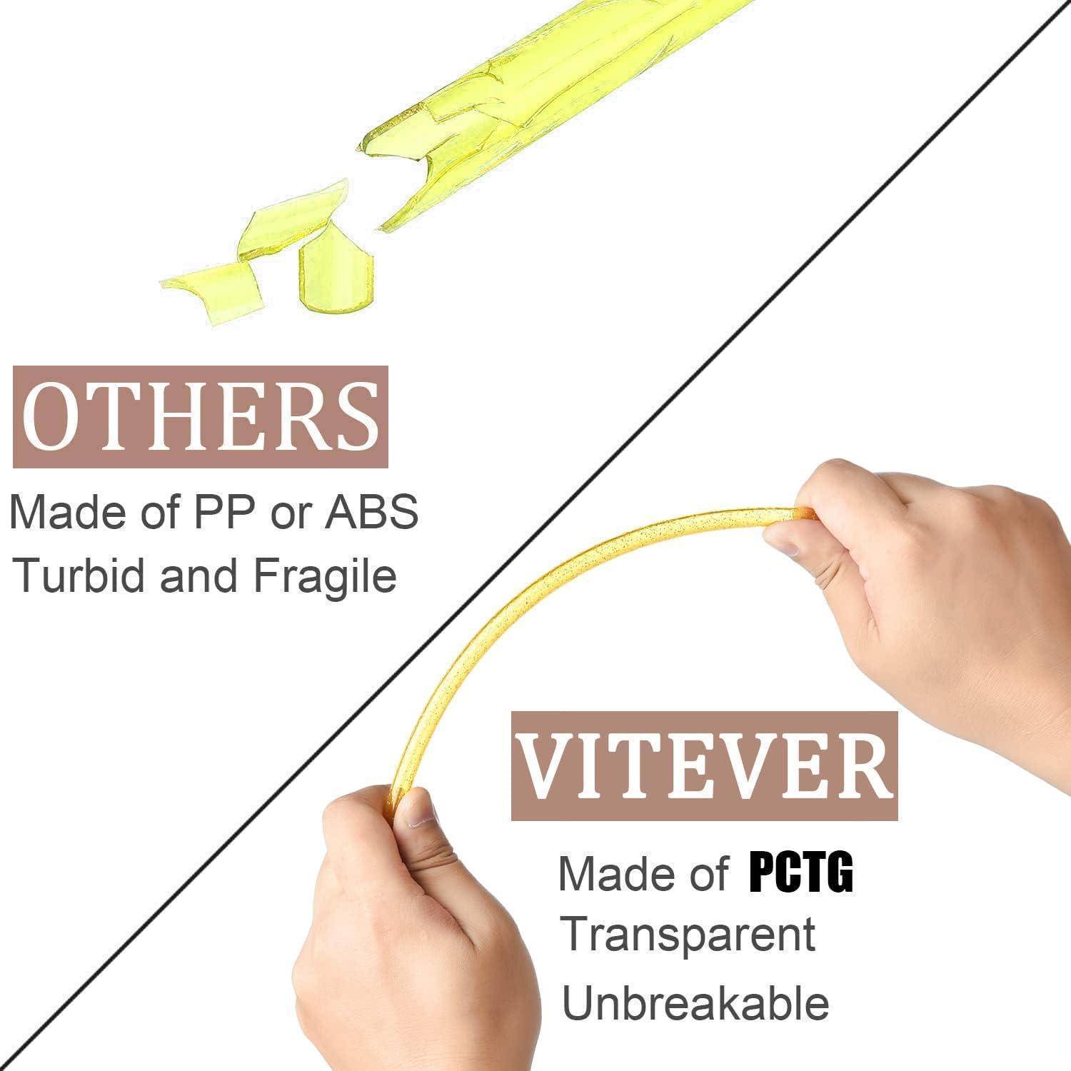 Vergleich von Kunststoffstreifen: "ANDERE"" sind sprödes PP/ABS, während ""VITEVER"" PCTG transparent und unzerbrechlich ist, da es sich in den Händen biegt.