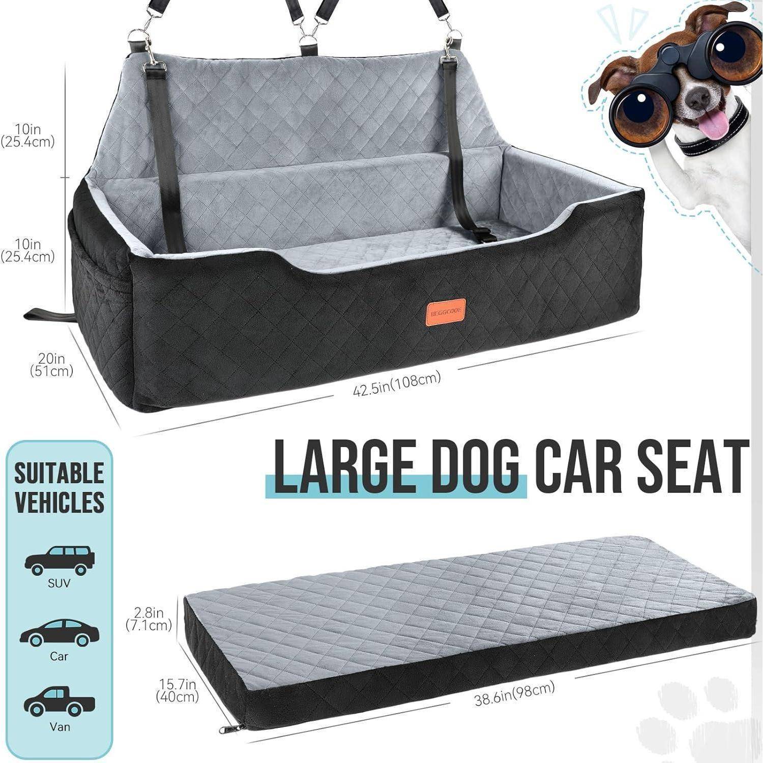 Werbegrafik, die einen großen Hundeautositz und ein passendes flaches Kissen mit Abmessungen und Symbolen für „Geeignete Fahrzeuge