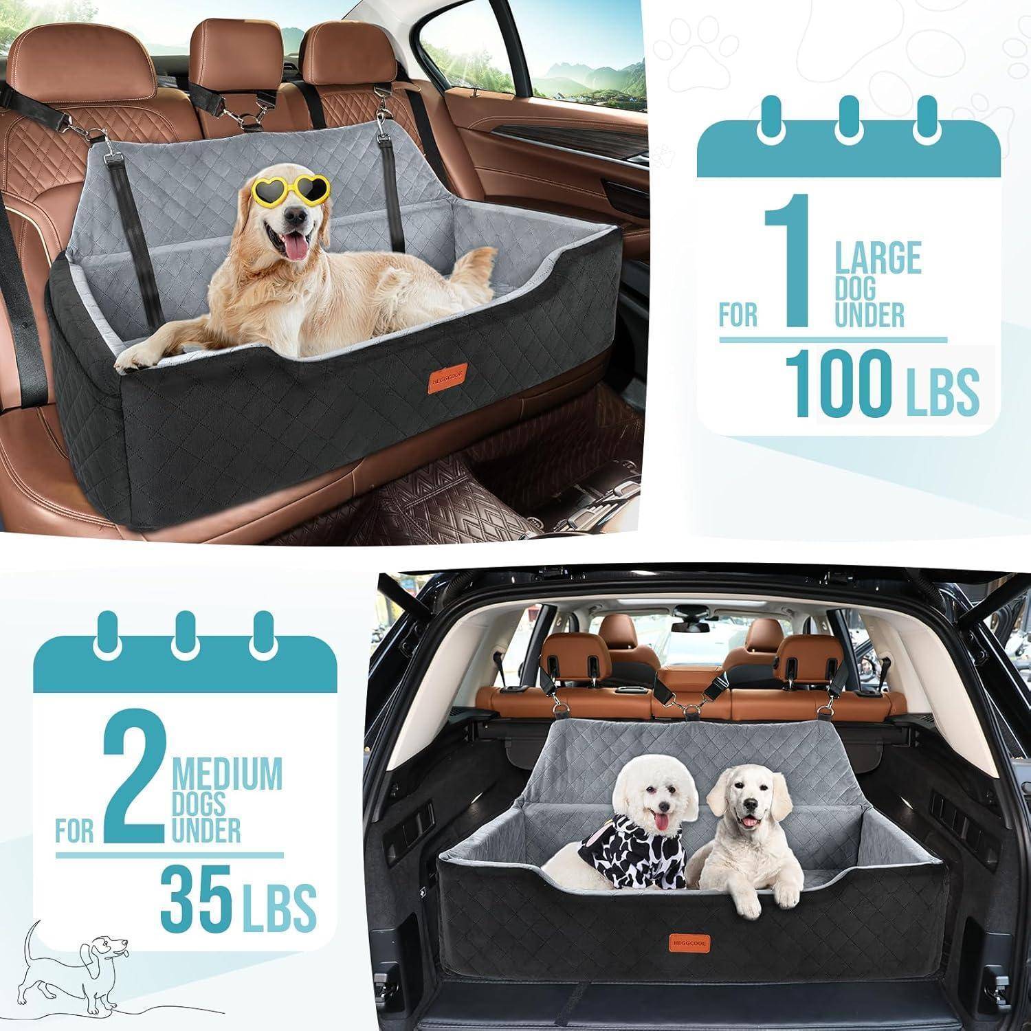 Werbegrafik mit einer Hunde-Hängematte für den Rücksitz eines Autos für Haustiere: ein großer Hund unter 100 lbs oder zwei mittlere Hunde unter 35 lbs.