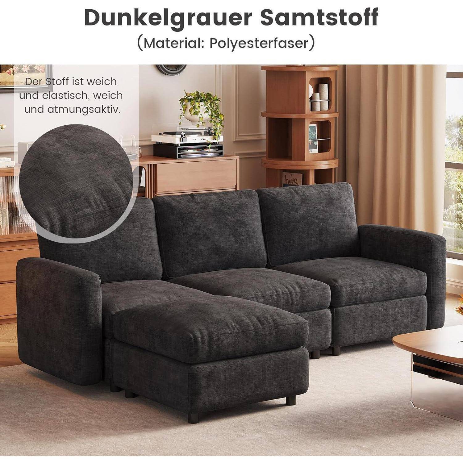Dunkelgrauer Samtstoff-Ecksofa in einem Wohnzimmer, gekennzeichnet mit „Dunkelgrauer Samtstoff (Material: Polyesterfaser)